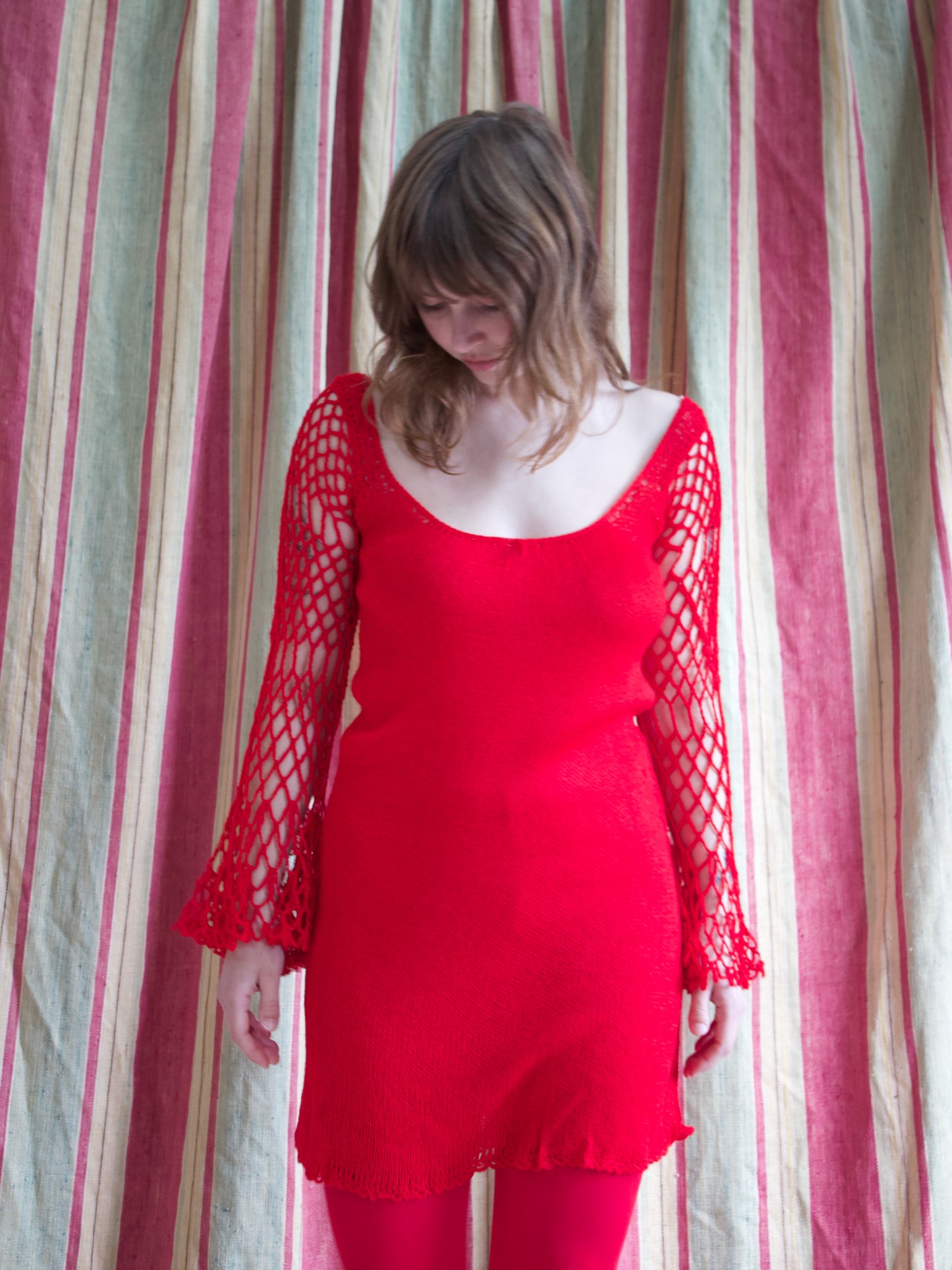 1970s Cherry Red Bell Sleeve Knit Mini Dress