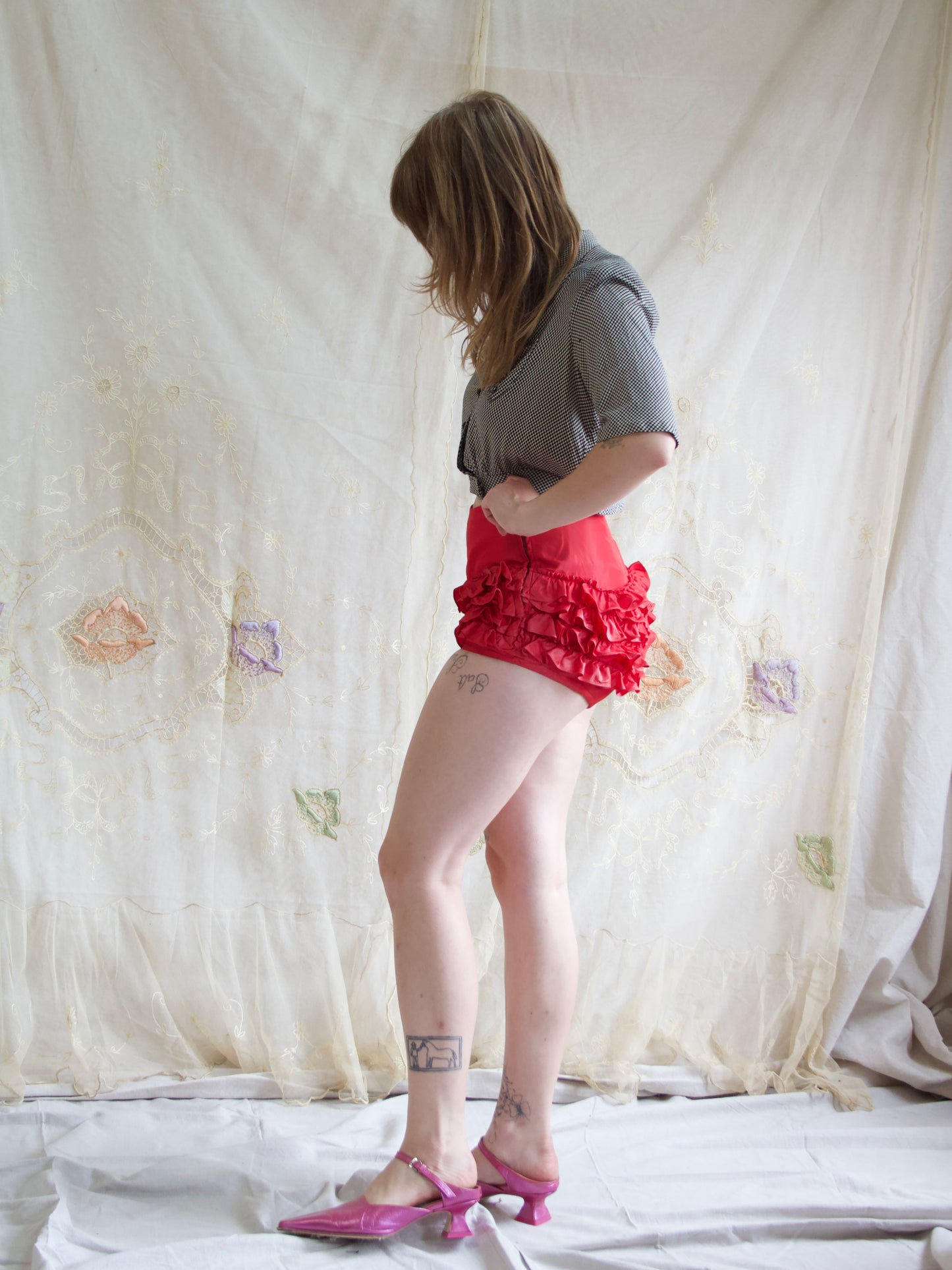1940s Sharkskin Ruffle trim Side Zip Hot Pants