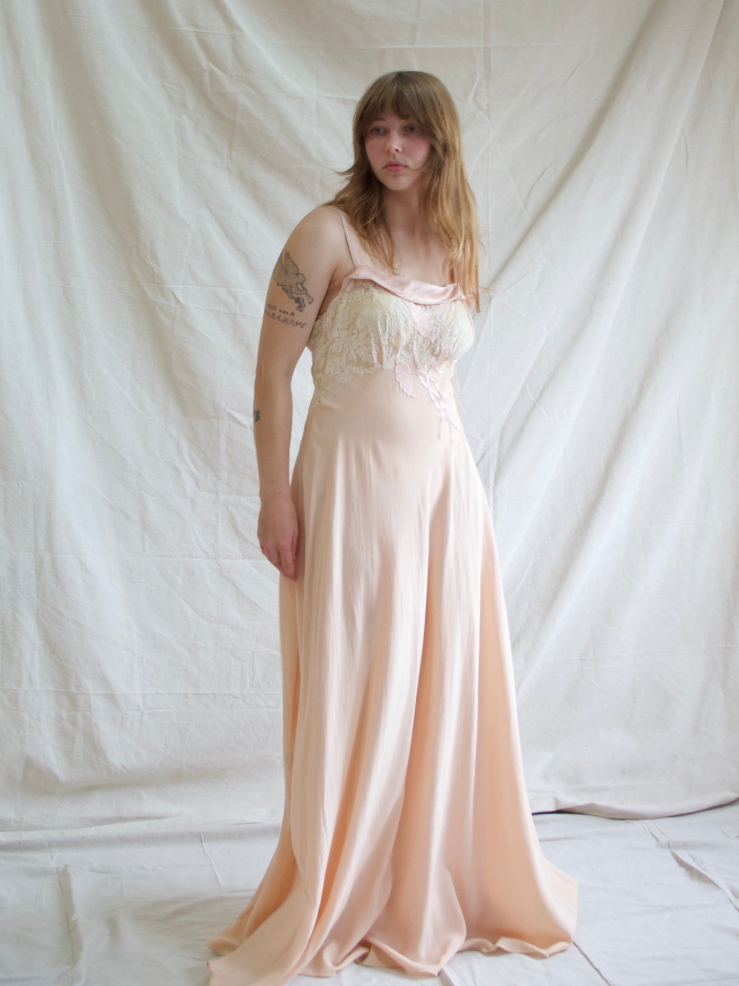 1930s Hand Sewn Bias Cut Silk Lace Floral Appliqués Slip Dress