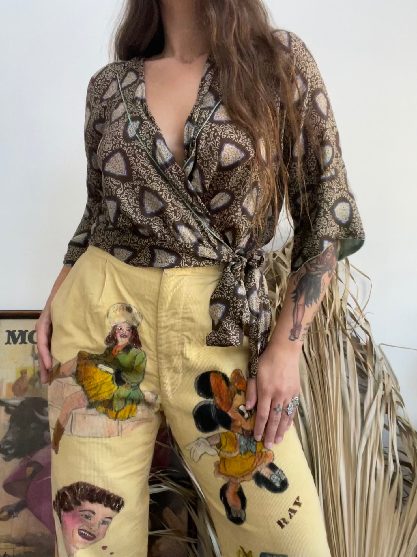 1920s Printed Chiffon Wrap/ Tie Waist Angel Sleeve Blouse