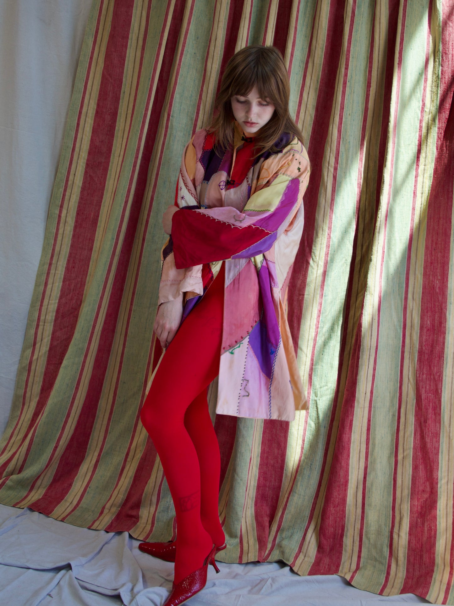 1940s Neon Rayon Crazy Quilt Bell Sleeve Tunic Style Jacket