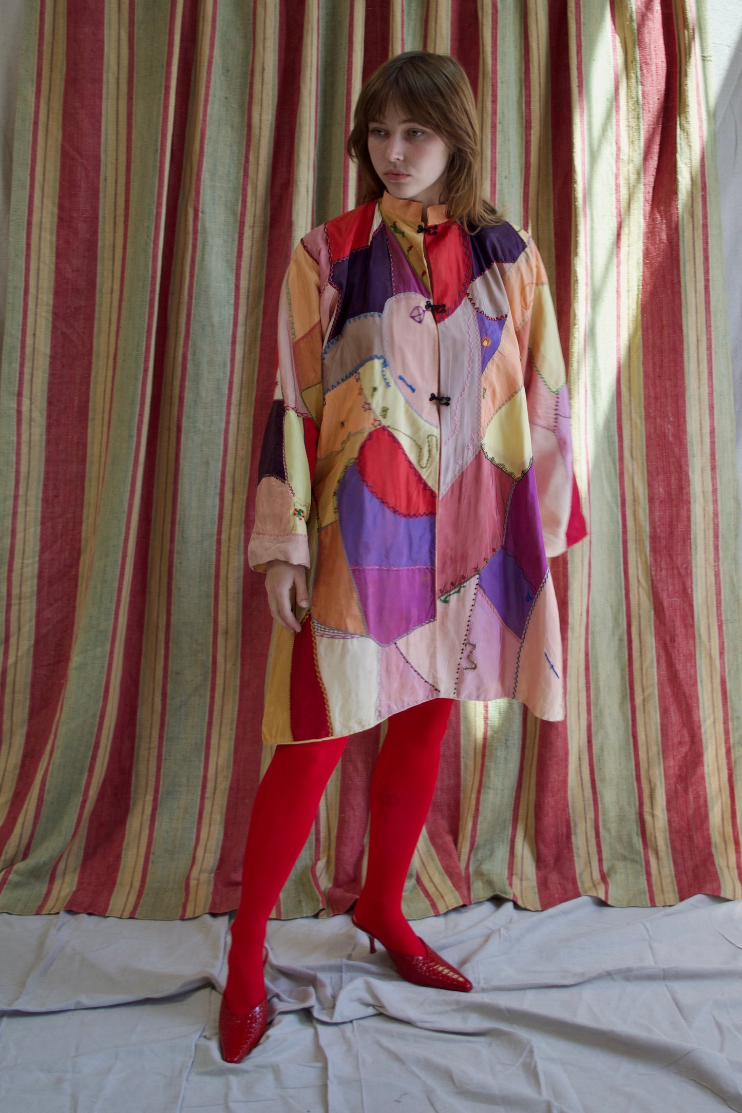 1940s Neon Rayon Crazy Quilt Bell Sleeve Tunic Style Jacket