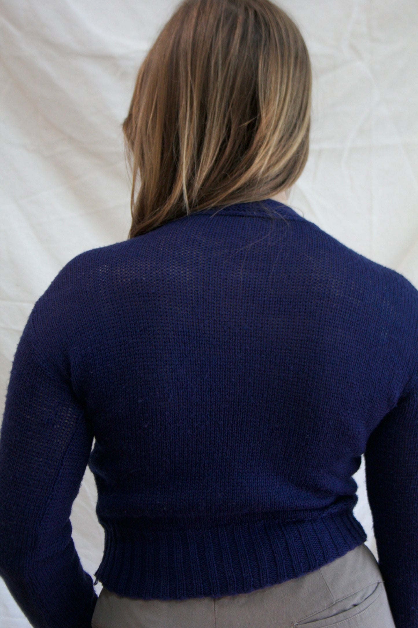 1930s Navy Blue Wool Hand Knit Keyhole Sweater