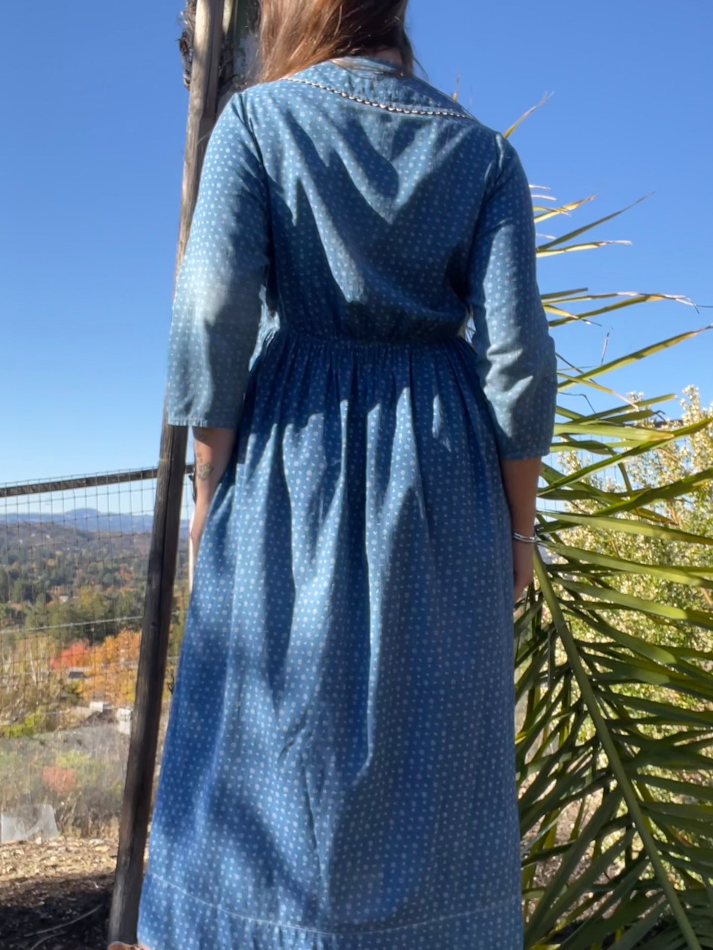 Edwardian Indigo Calico Sailor Collar Workwear Dress