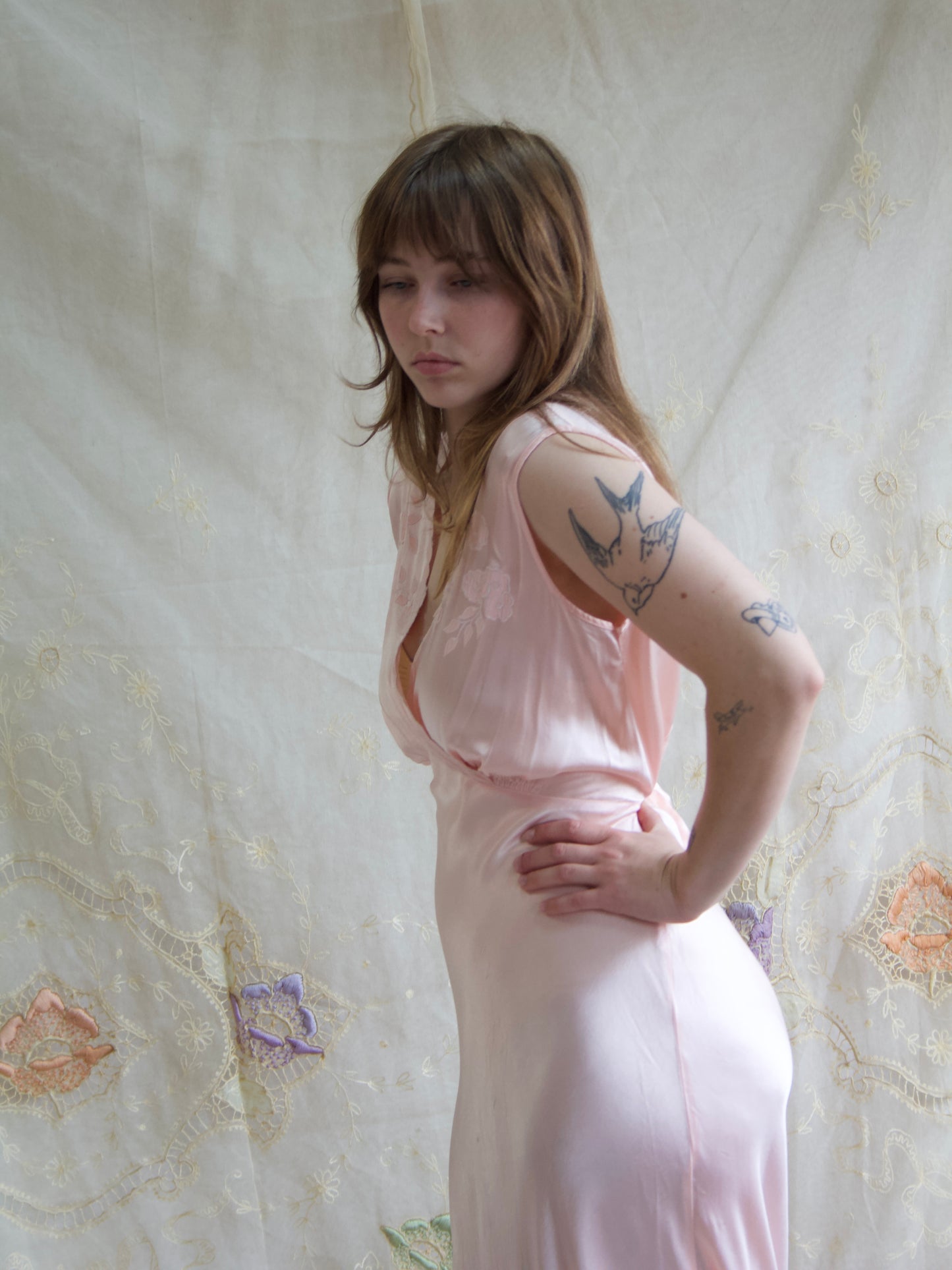 1940s Silk/Rayon Ballet Pink Floral Applique Bias Cut Slip Dress