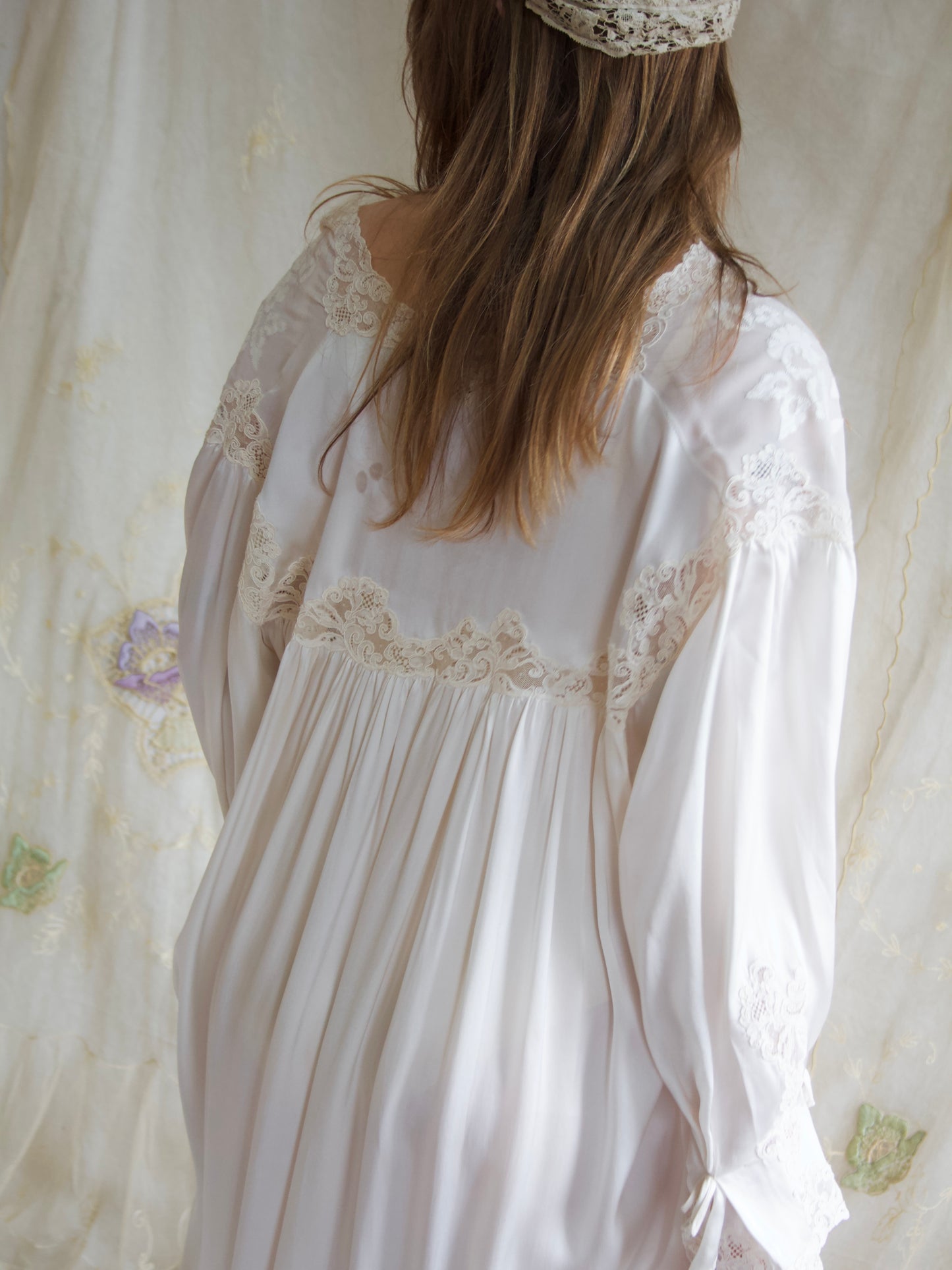 Rare 1930s Silk Lace Hand Sewn Balloon Sleeve Deep V Trousseau Gown