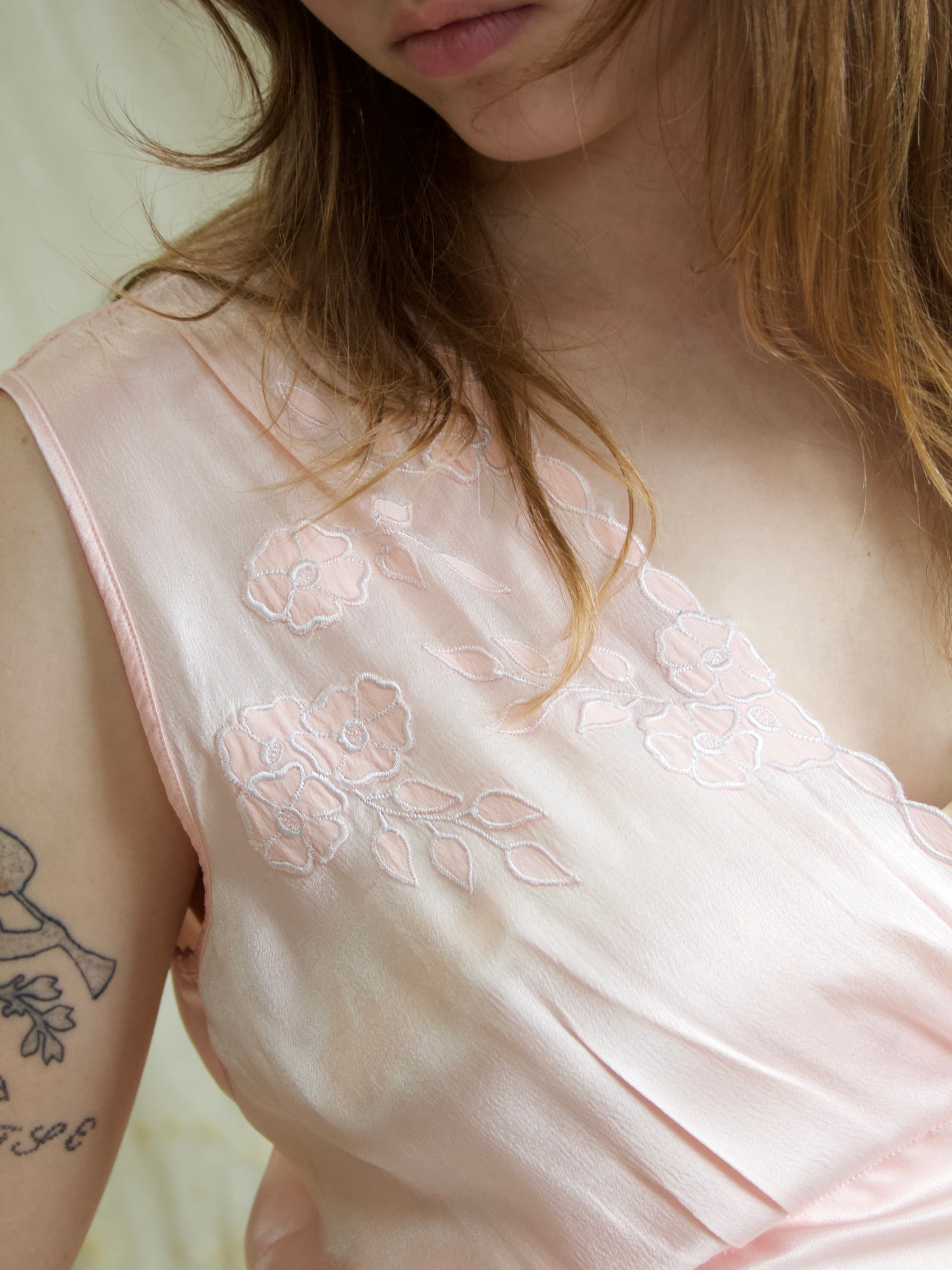 1940s Silk/Rayon Ballet Pink Floral Applique Bias Cut Slip Dress