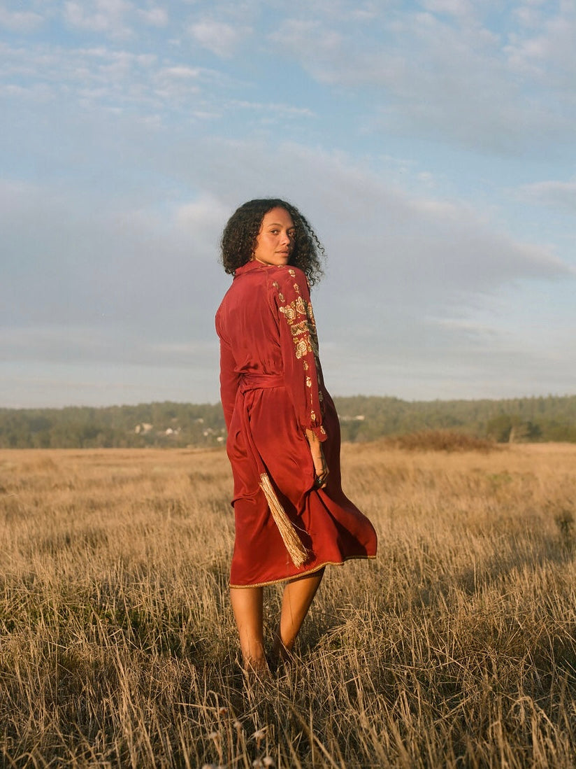 Antique 1920s Autumnal Embroidered Merlot Silk Dress