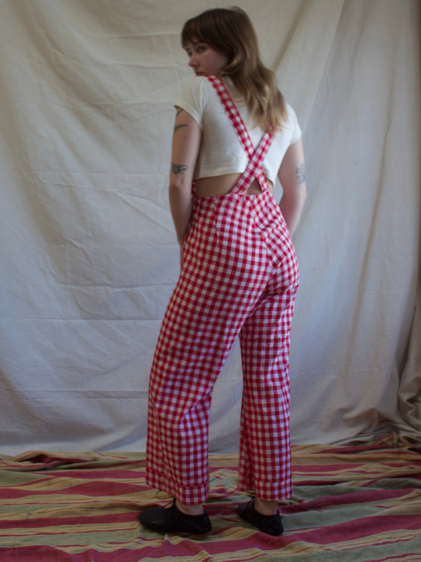 1930s Gingham Cotton Bib Front Side Button Overalls