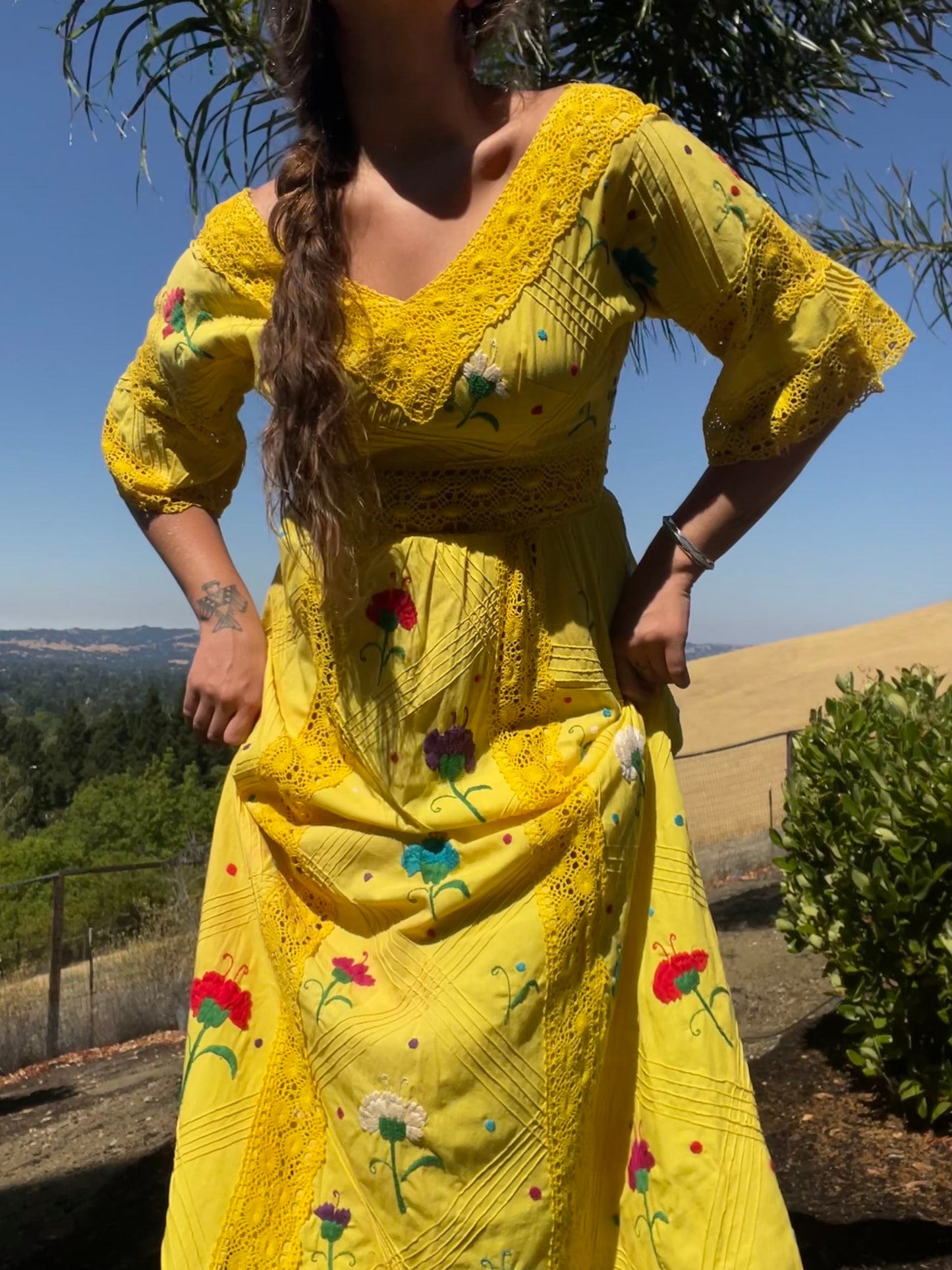 1970s Vibrant Yellow Embroidered Mexican Maxi Length Bell Sleeve Dress