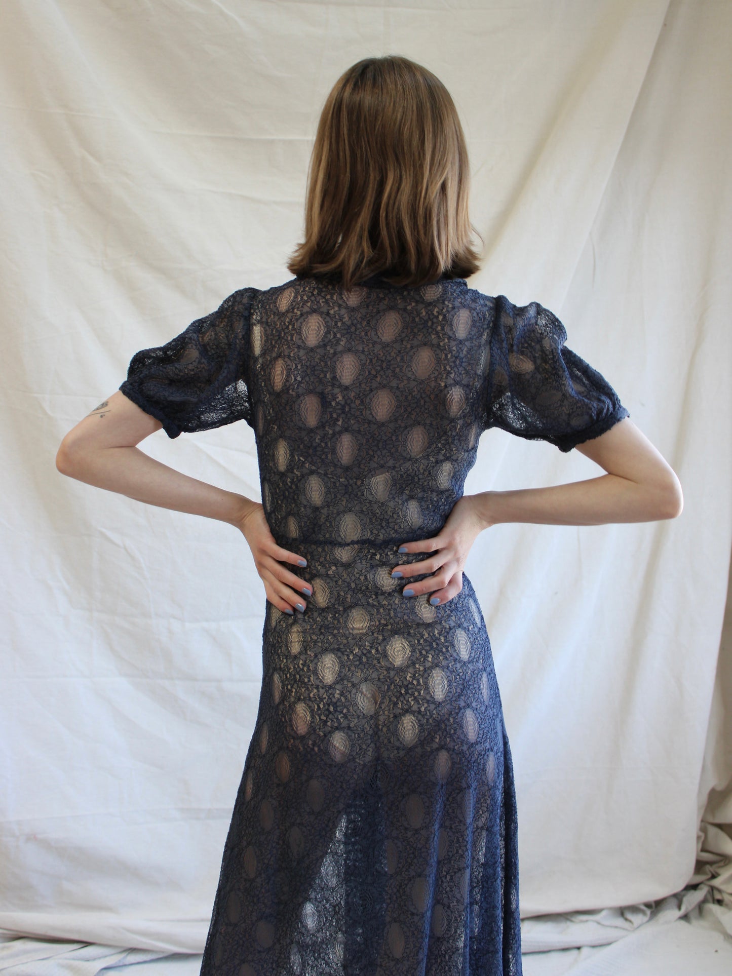 1930s Navy Blue Embroidered Net Puff Sleeve Bow Trimmed Dress