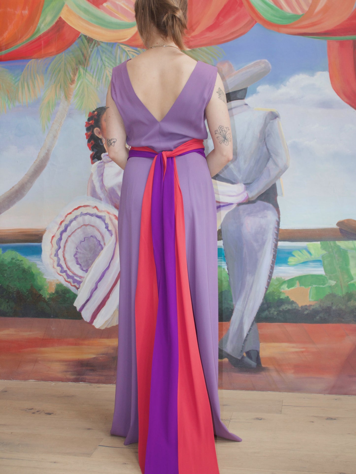 1930s Rayon Jersey Color Block Tie Waist Gown