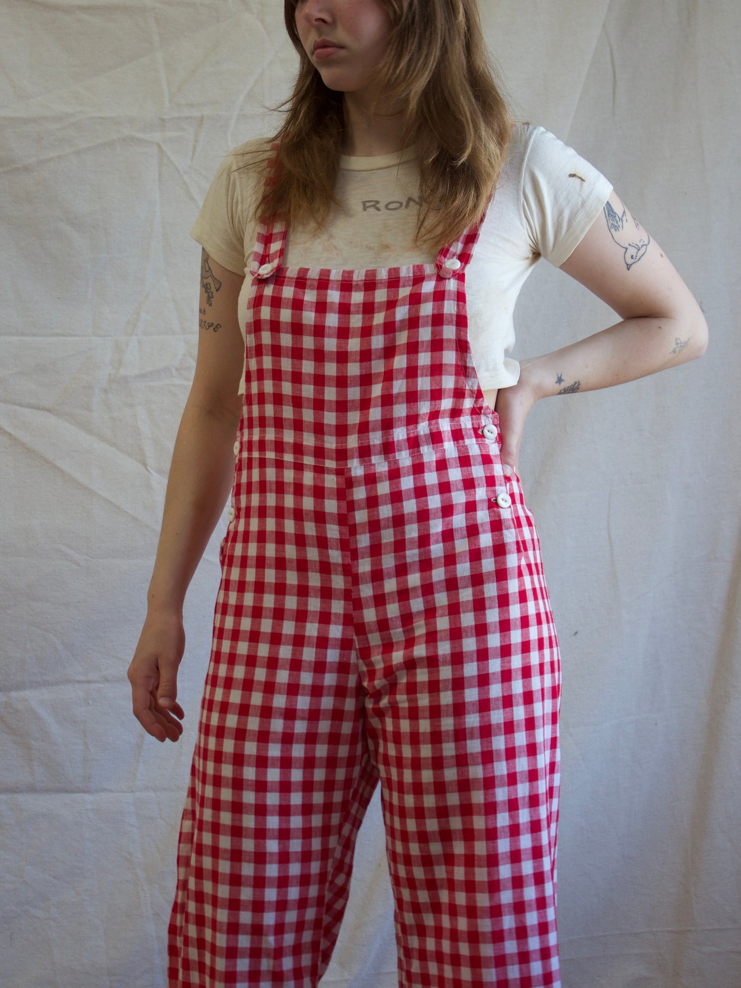1930s Gingham Cotton Bib Front Side Button Overalls
