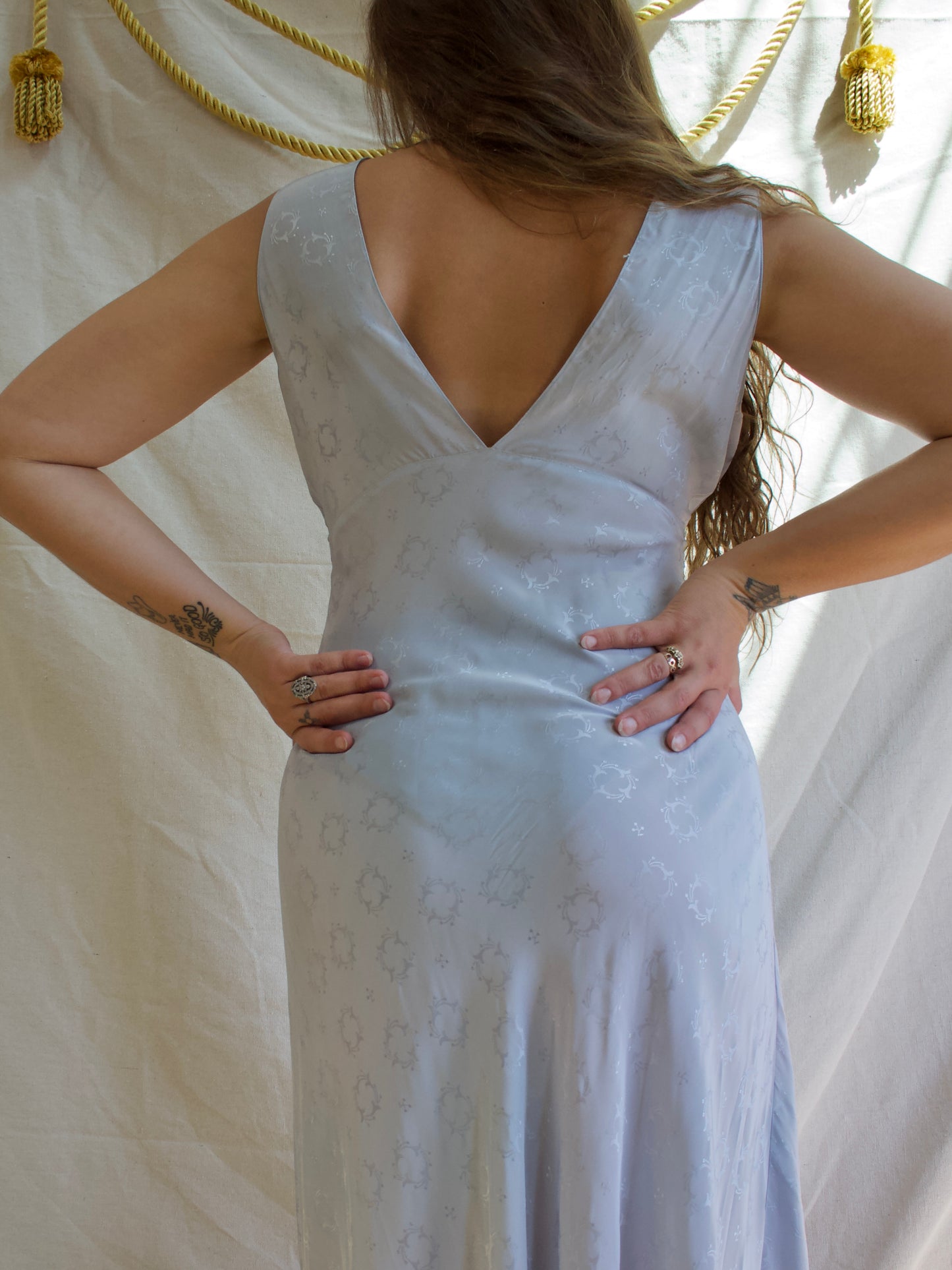 Headstock 1940s Icey Blue Silk Rayon Brocade Bias Cut Slip Dress