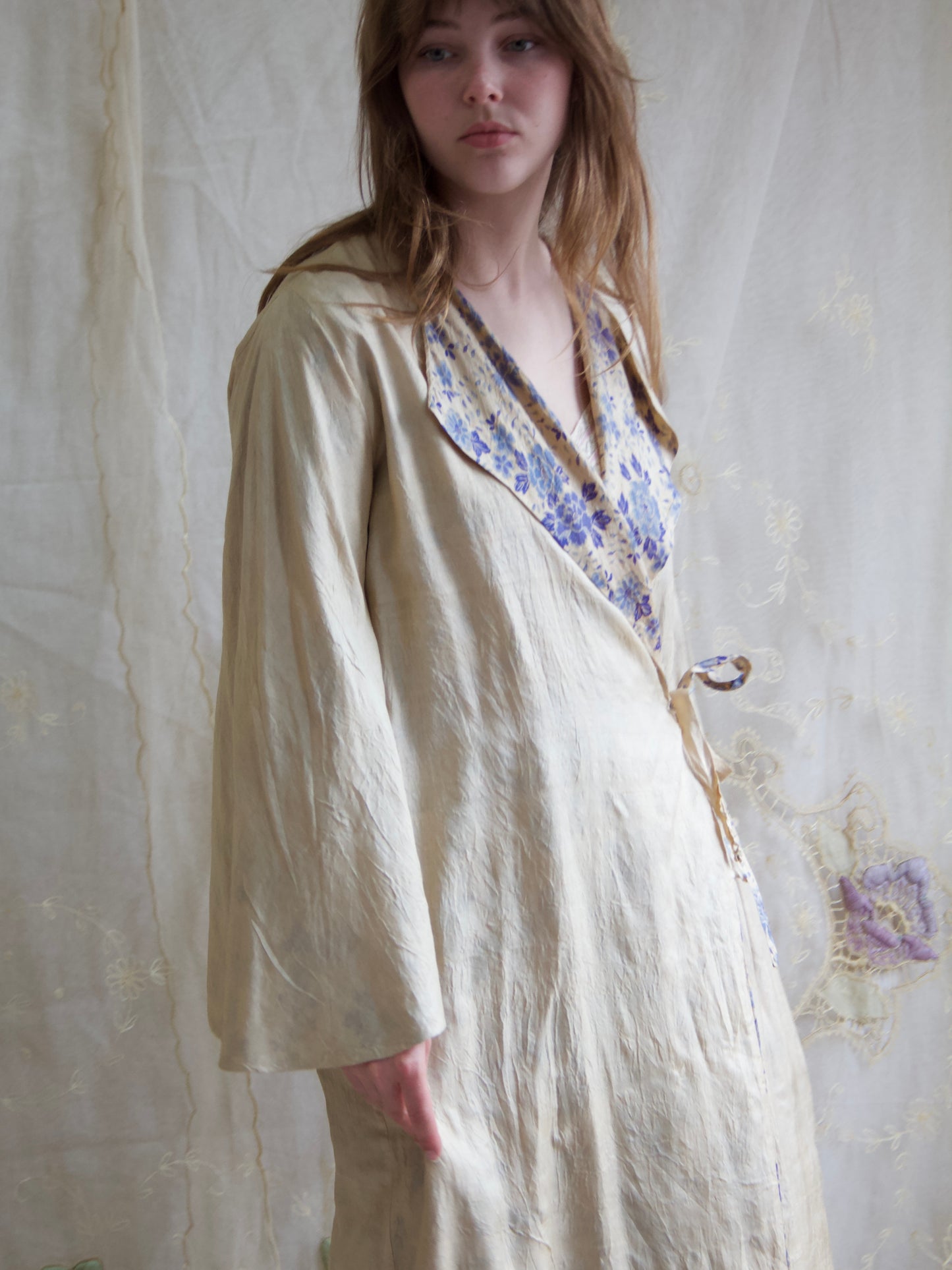 Antique 1920s Reversible Flutter Sleeve Floral Pongee Silk Robe