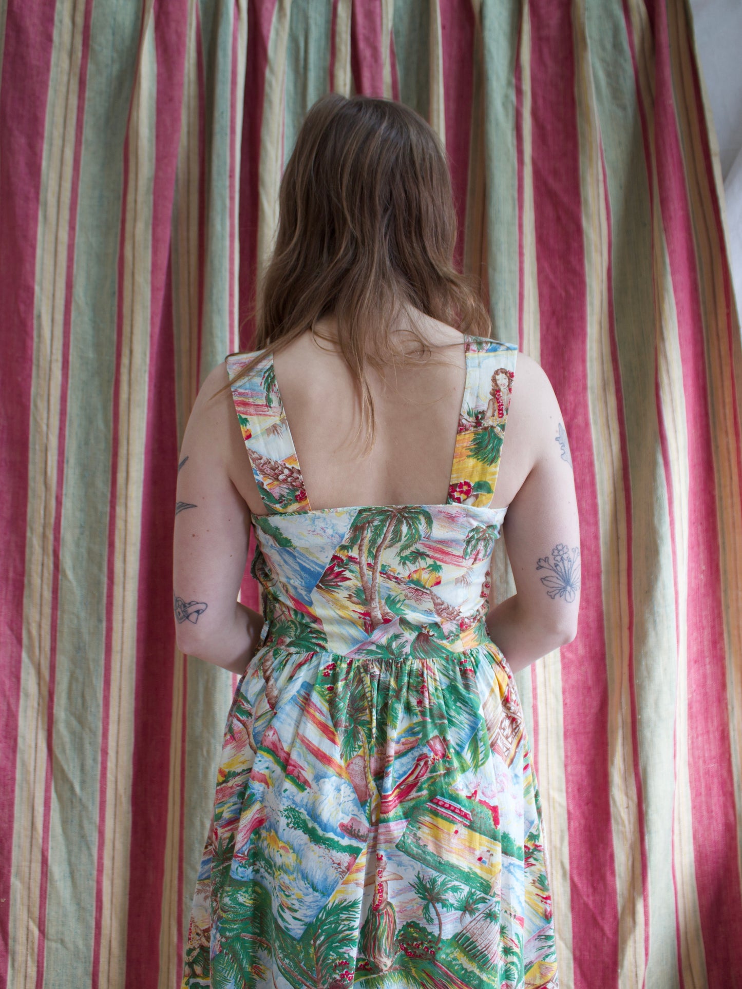 1940s 2 PC Hawaiian Print Cotton Sundress w* Chartreuse Bolero