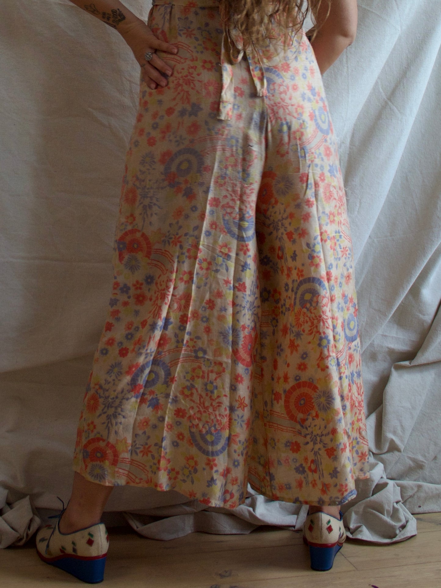 1930s All Over Japanese Print Pongee Silk Lounge Jumpsuit