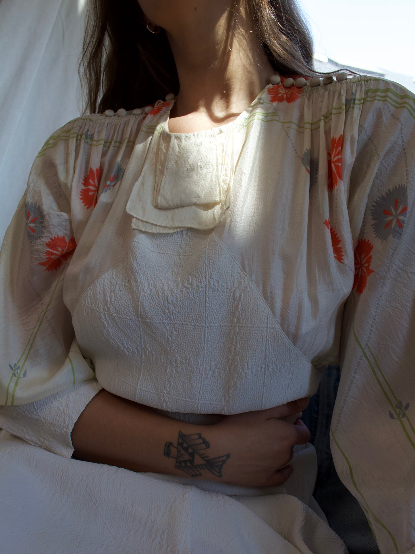 1930s Ivory Crepe & Floral Silk Dolman Sleeve Gown