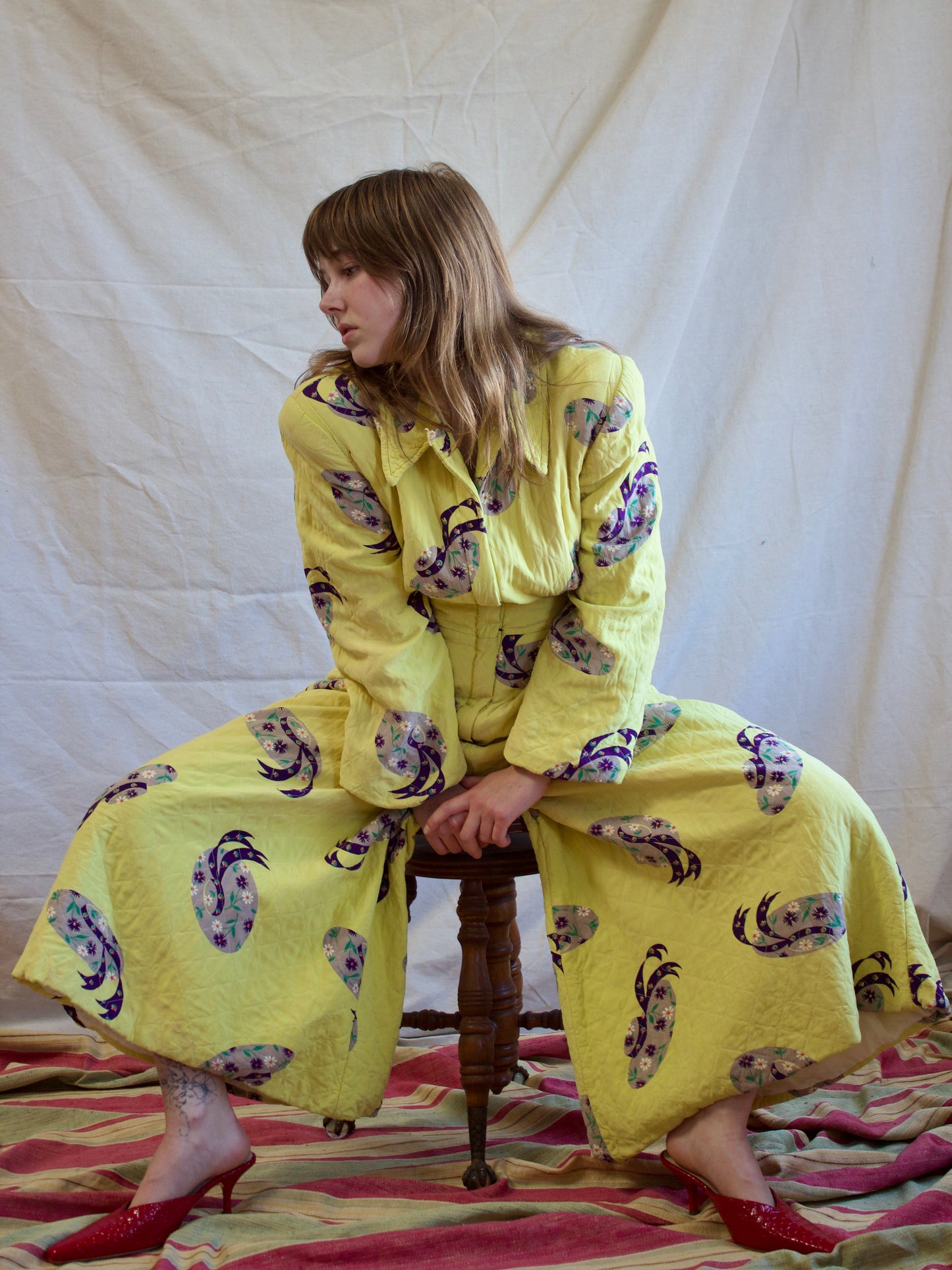 1940s Quilted Novelty Print Palazzo Pant Zip Front Jumpsuit