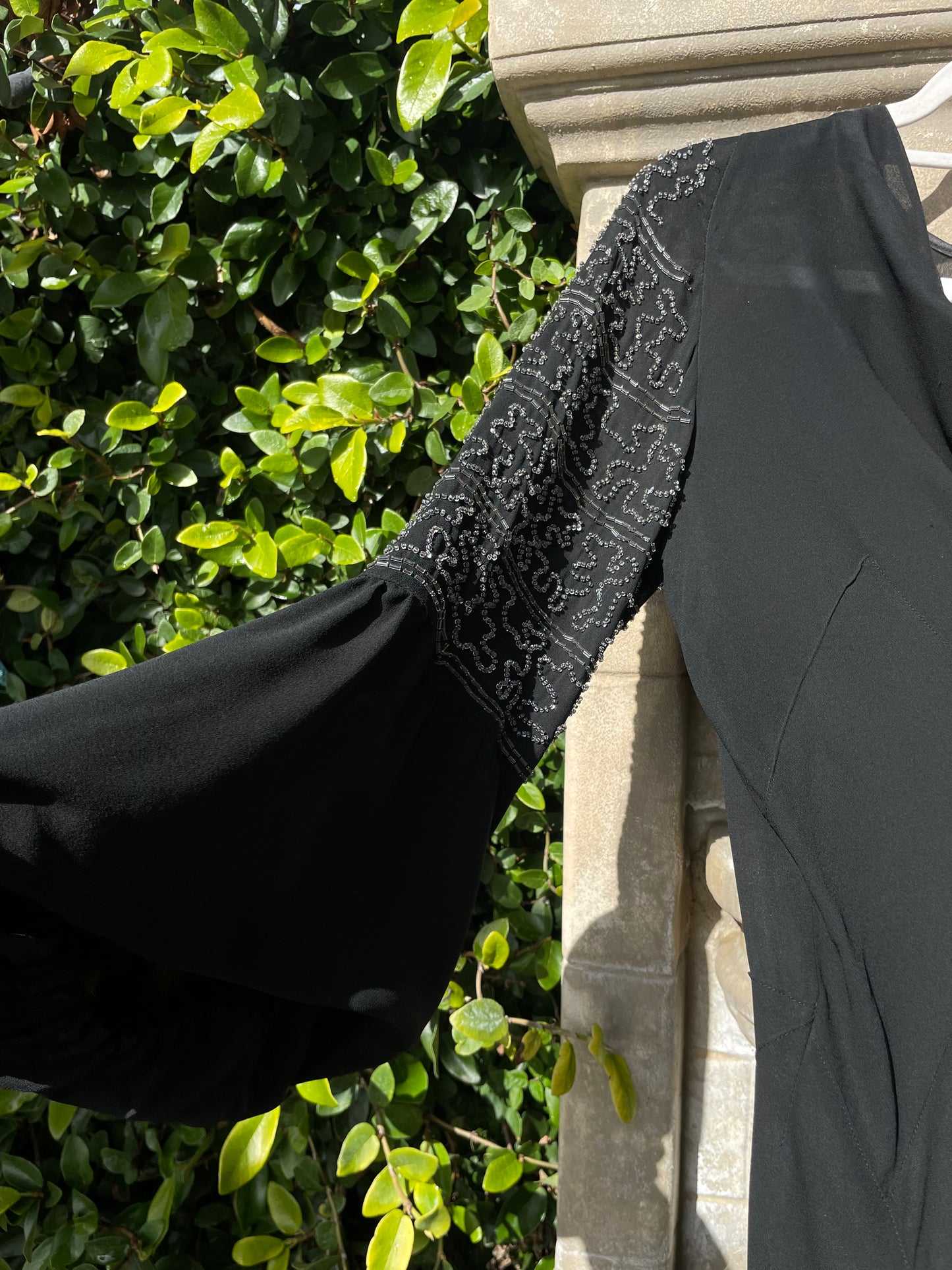 1930s Deco Jet Black Silk Crepe Glass Beaded Bishop Sleeve Dress