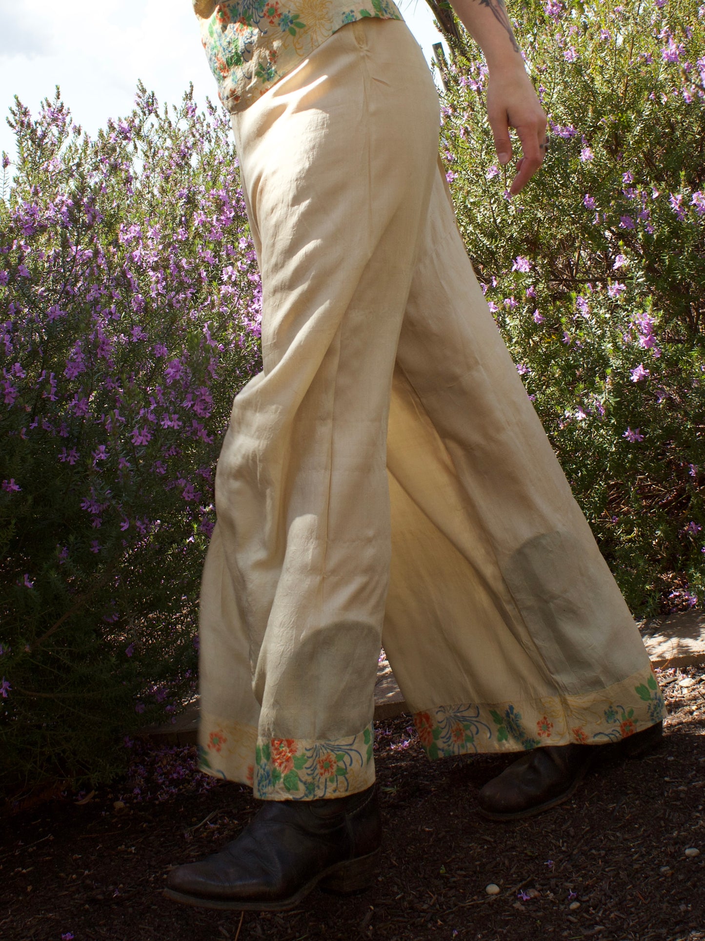 Antique 1920s Pongee Silk Flutter Sleeve 2 Piece Palazzo Pant Set