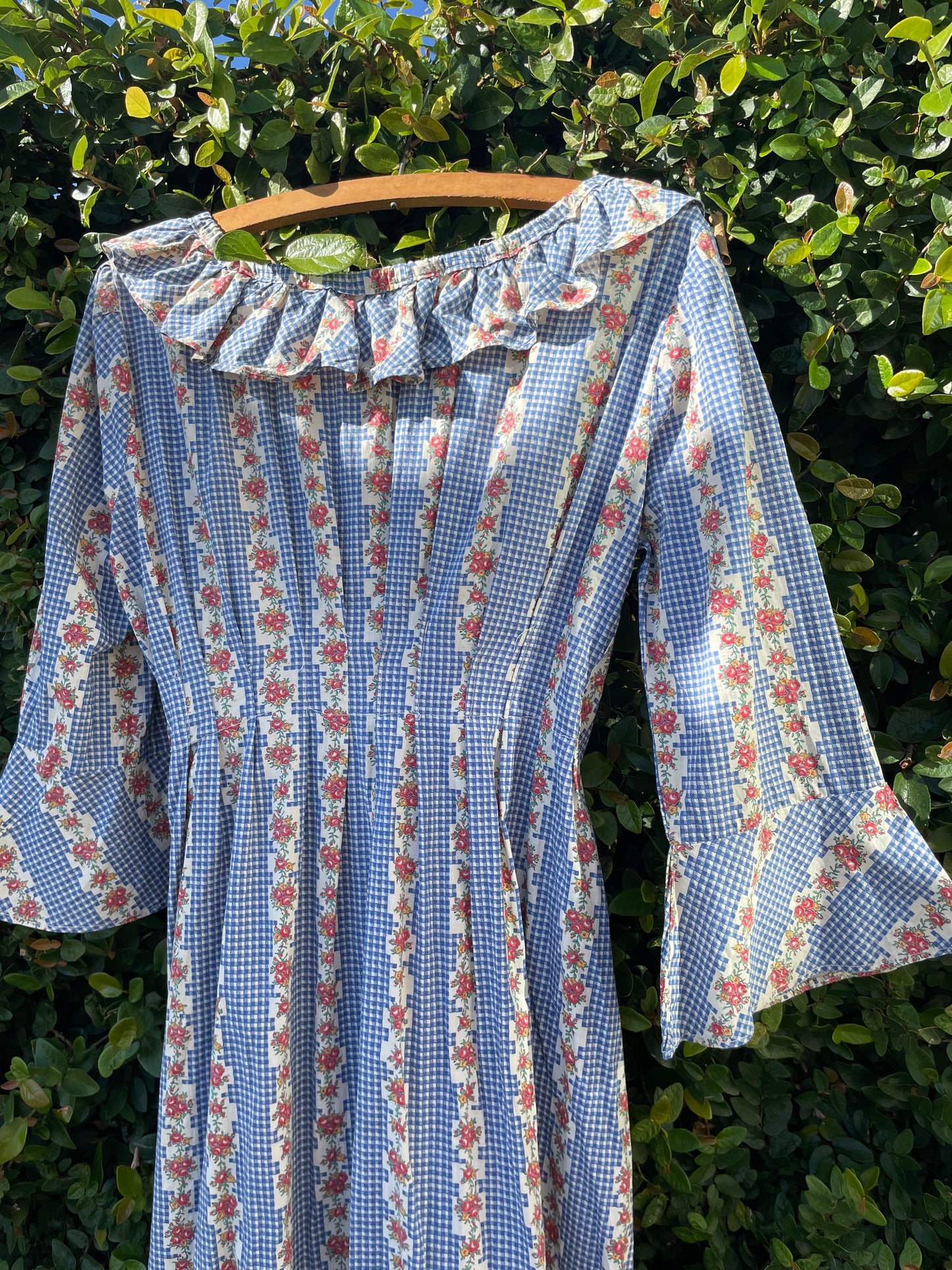 1930s Feedsack Ruffle Neckline Striped Floral Floor Length Dressing Gown
