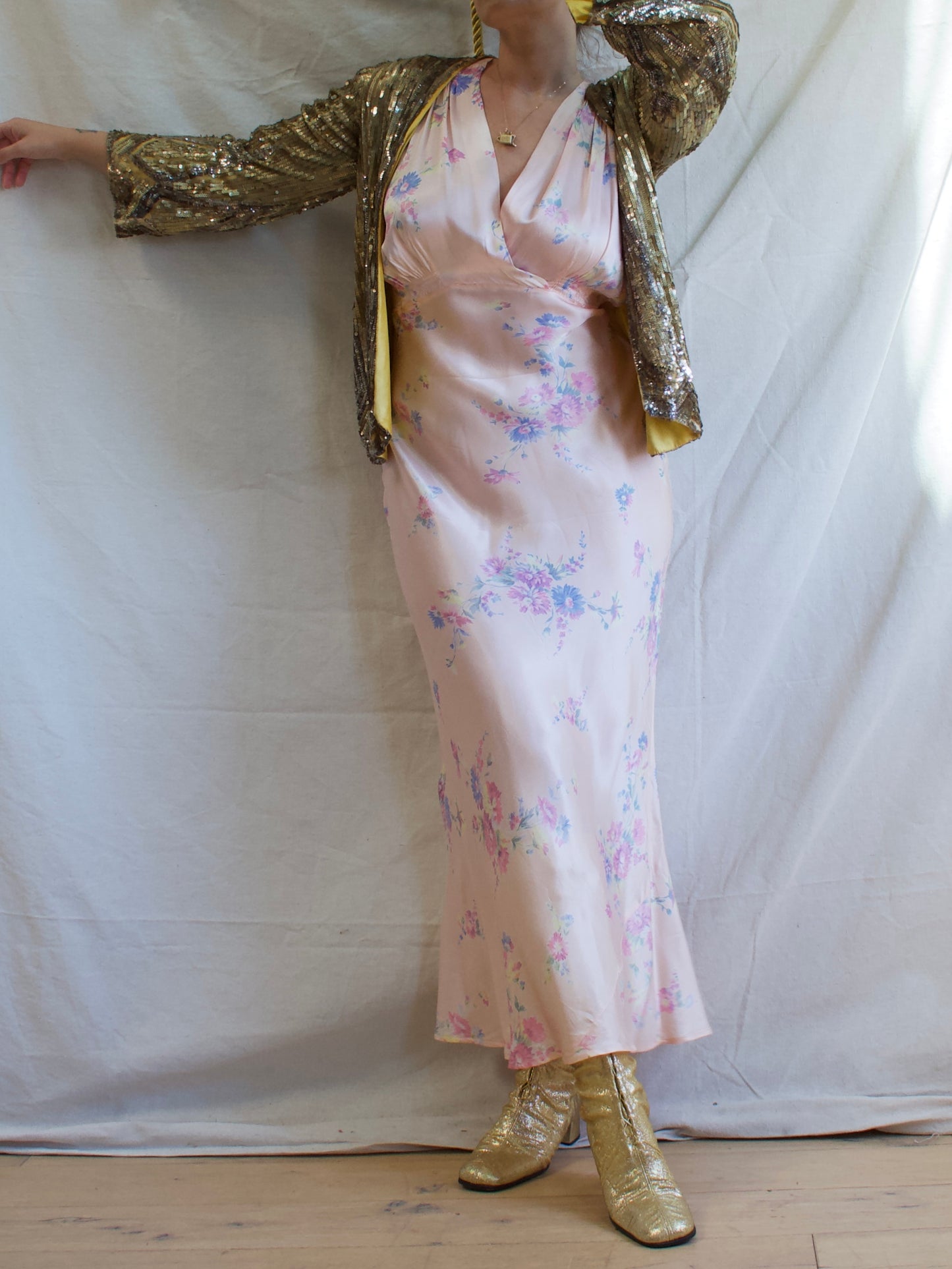 1930s Floral Satin Bias Cut Slip Dress