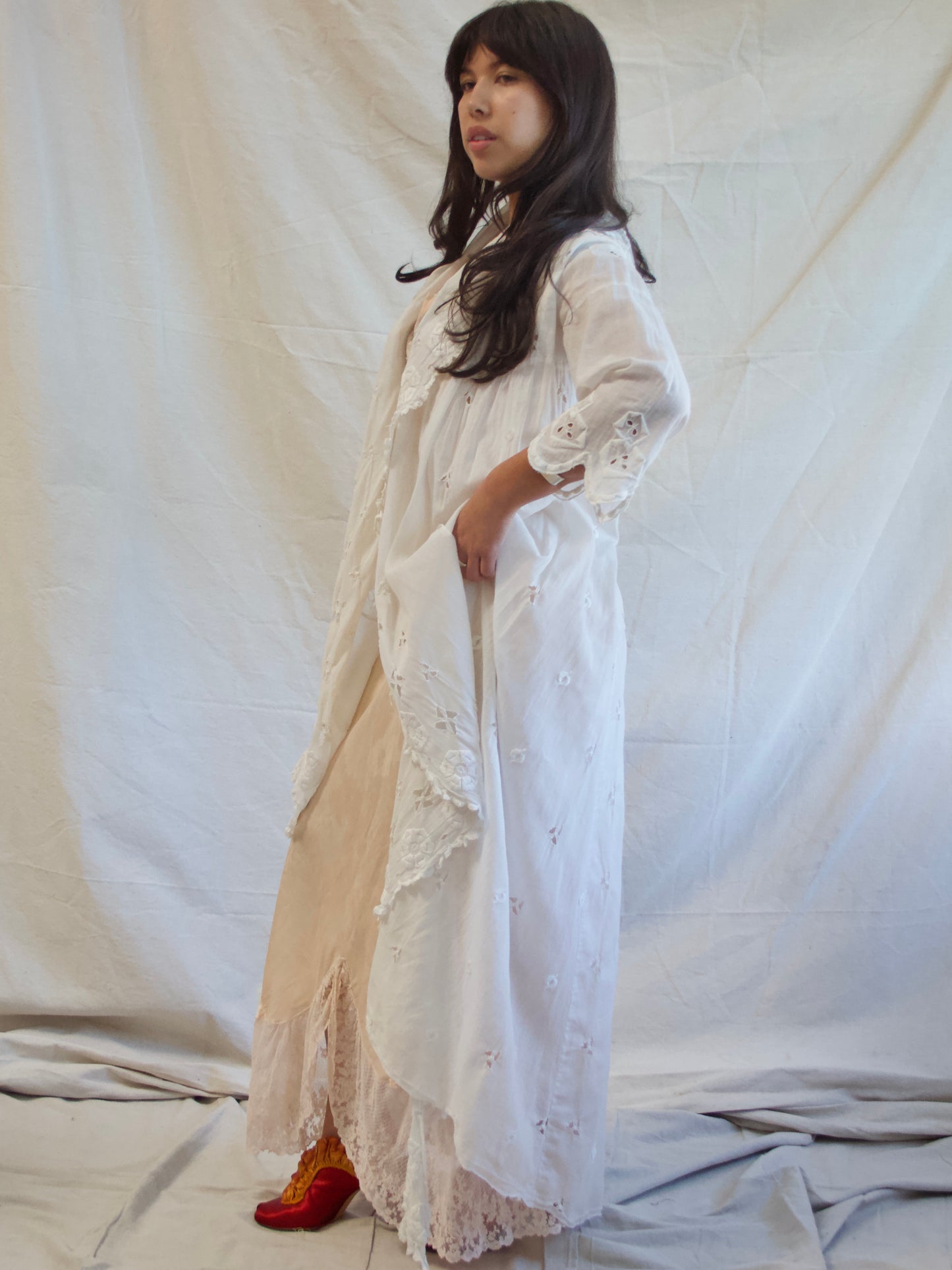 Antique Edwardian Hand Sewn Eyelet Cotton Duster Robe