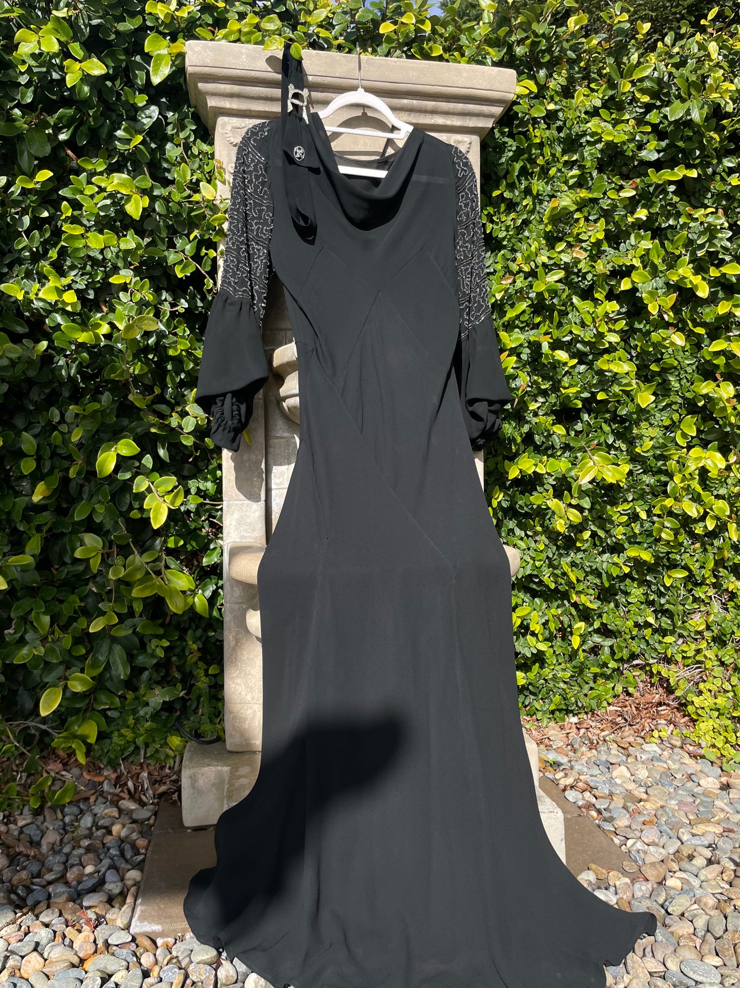 1930s Deco Jet Black Silk Crepe Glass Beaded Bishop Sleeve Dress