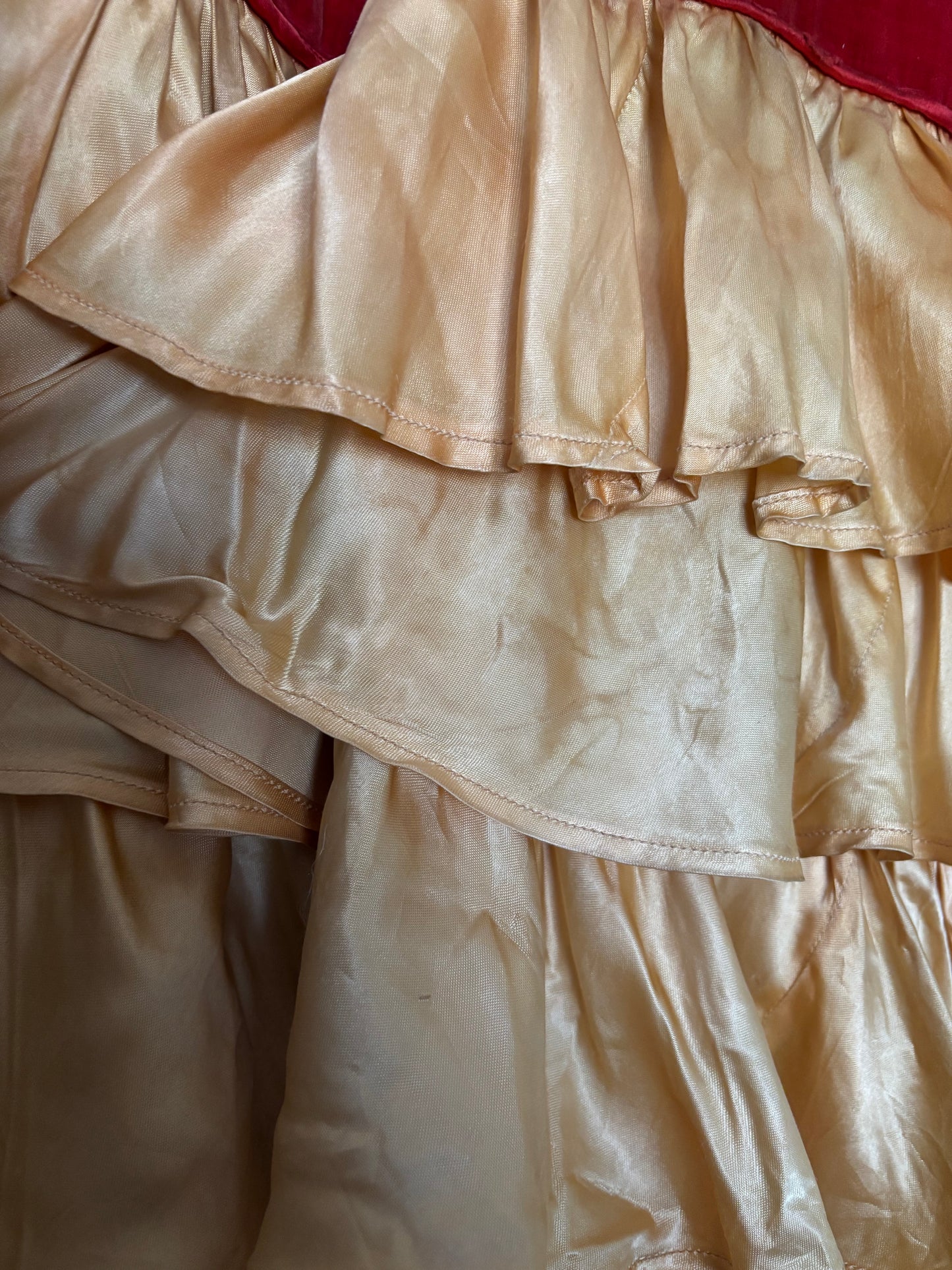 1930s Crimson Velveteen & Gold Liquid Satin Tiered Ruffle Gown