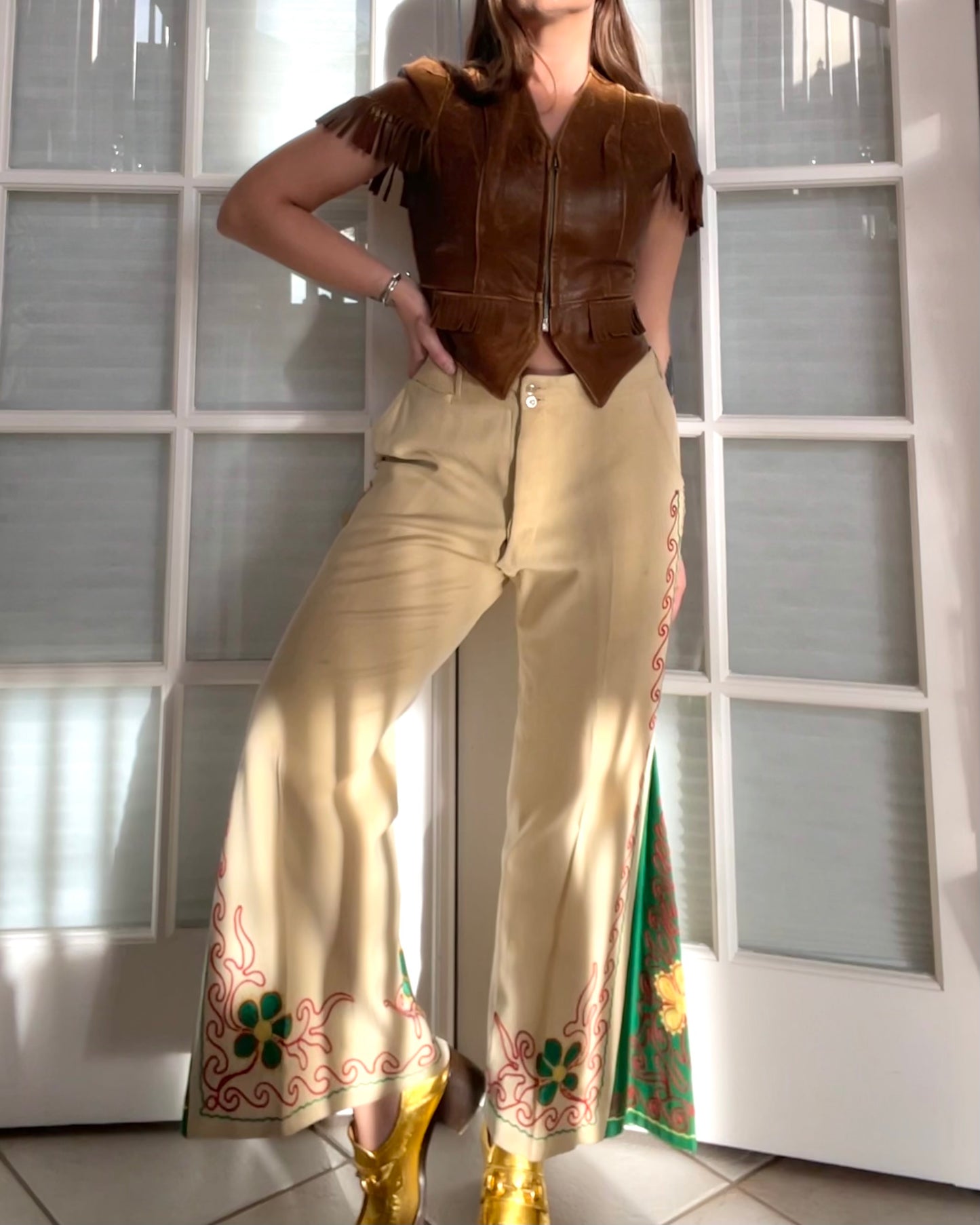 1930s Custom Made Floral Motif Chain Stitched Kick Flare Wool Pants