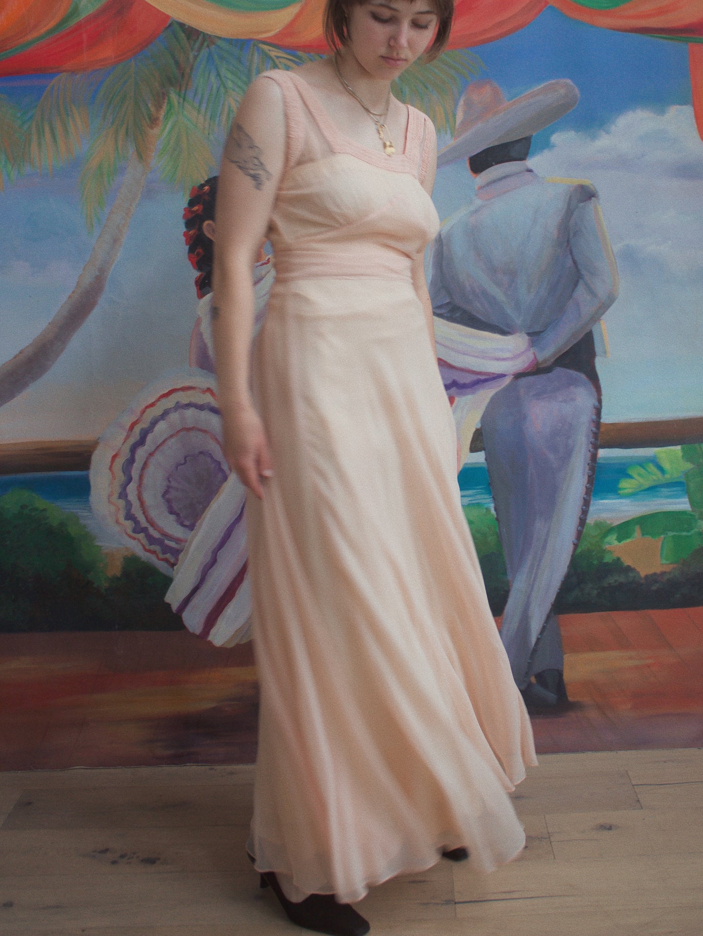 1930s Pale Pink Silk Chiffon Smocked Tie Waist Gown