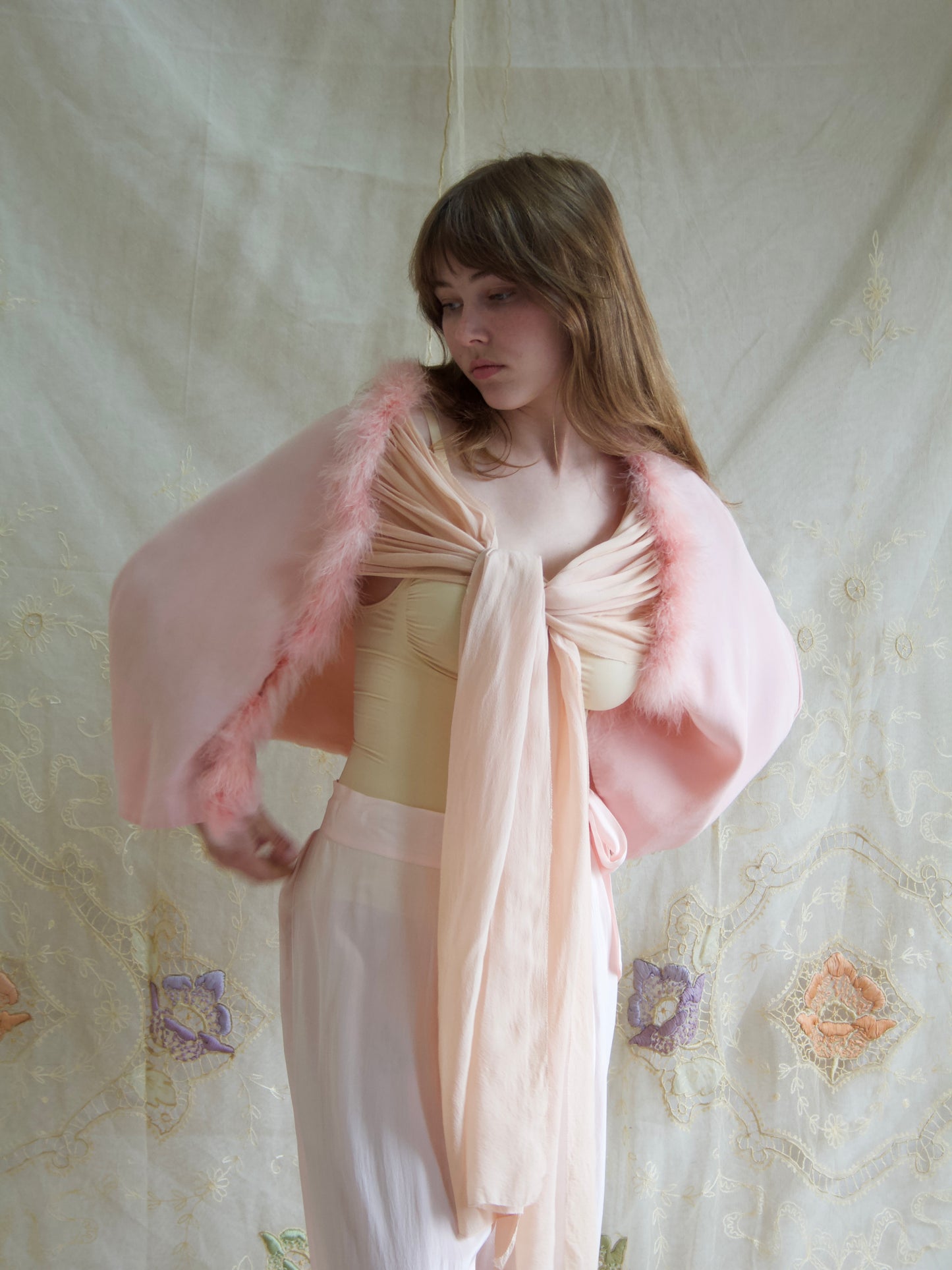 1930s Soft Pink Crepe, Chiffon & Marabou Trim Tie front Bolero