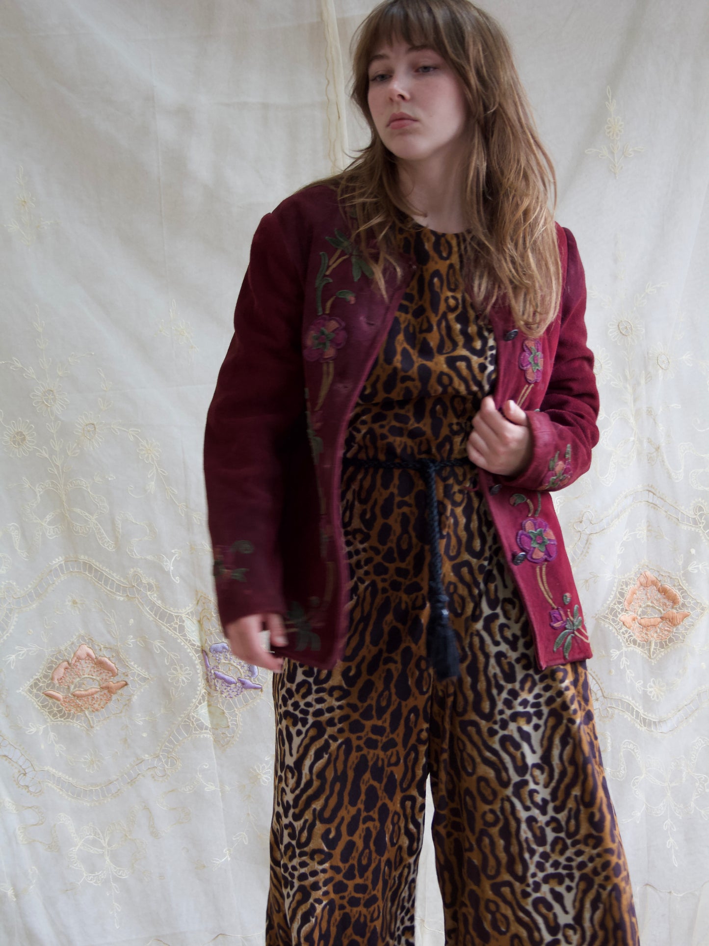 1970s Aubergine Suede Floral Applique Jacket