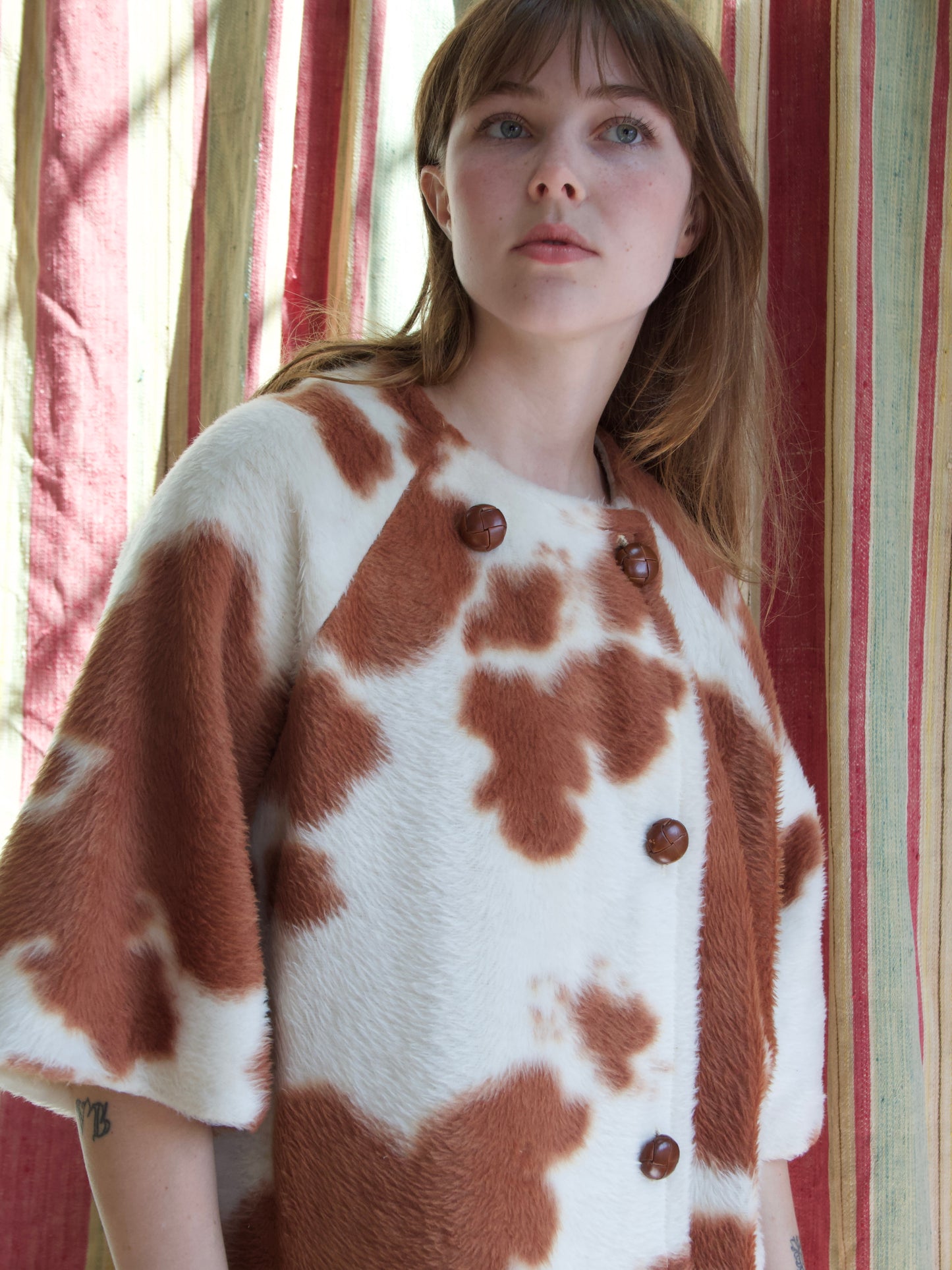 Late 1950s Faux Fur Cow Print Bell Sleeve Tunic Style Jacket