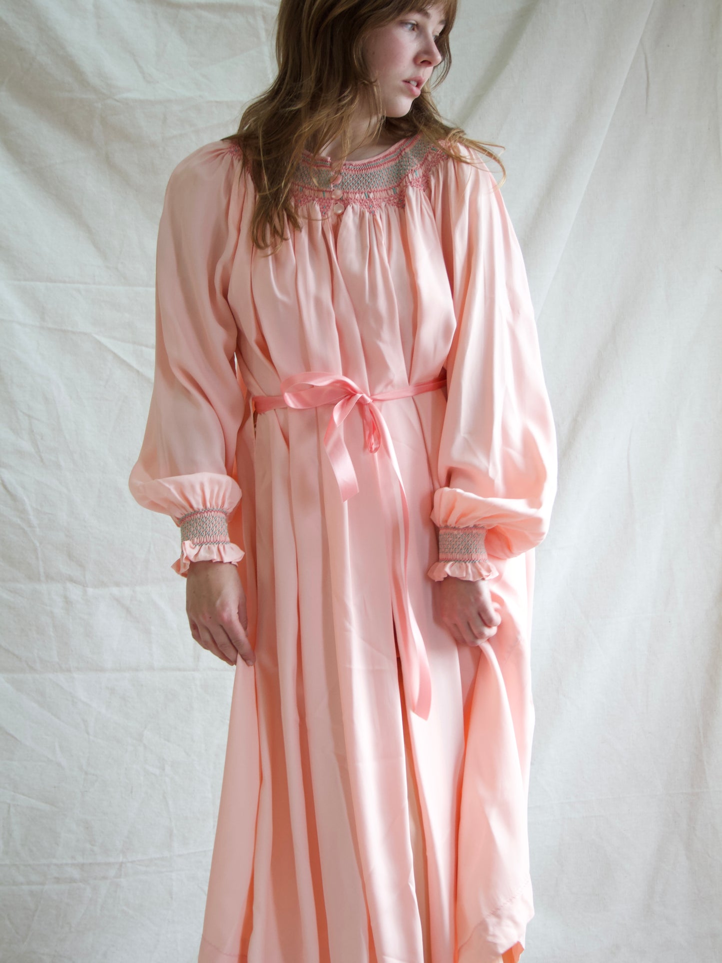 1940s Open front Smocked Balloon Sleeve Silk Crepe Smock Dress