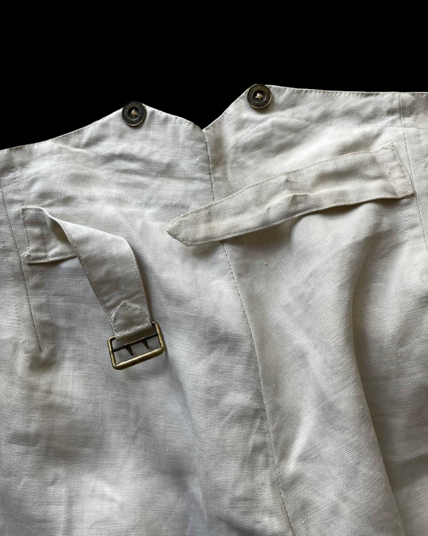 1886 French Linen Buckle Back Fishtail Breeches