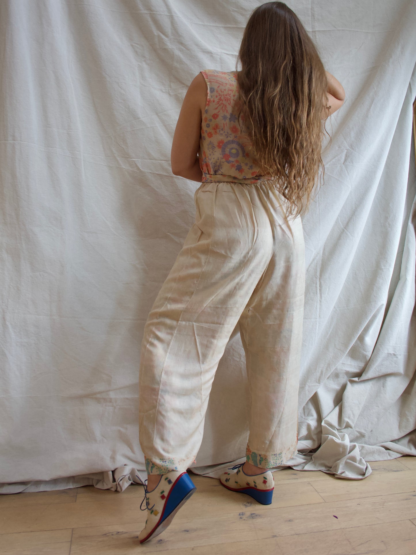 1930s Japanese Pongee Silk Border Trim Lounge Pants