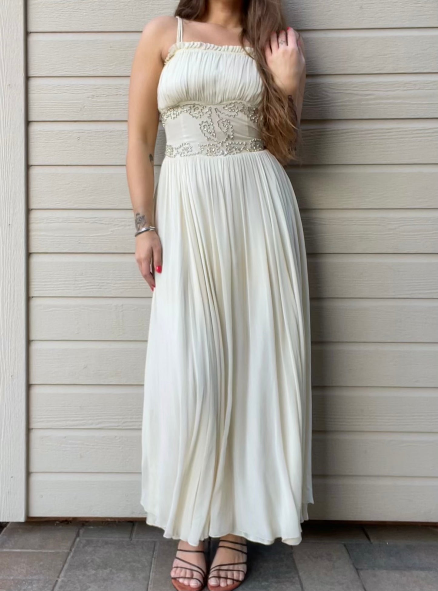 1940s Metallic Soutache Embroidered Chiffon Gown