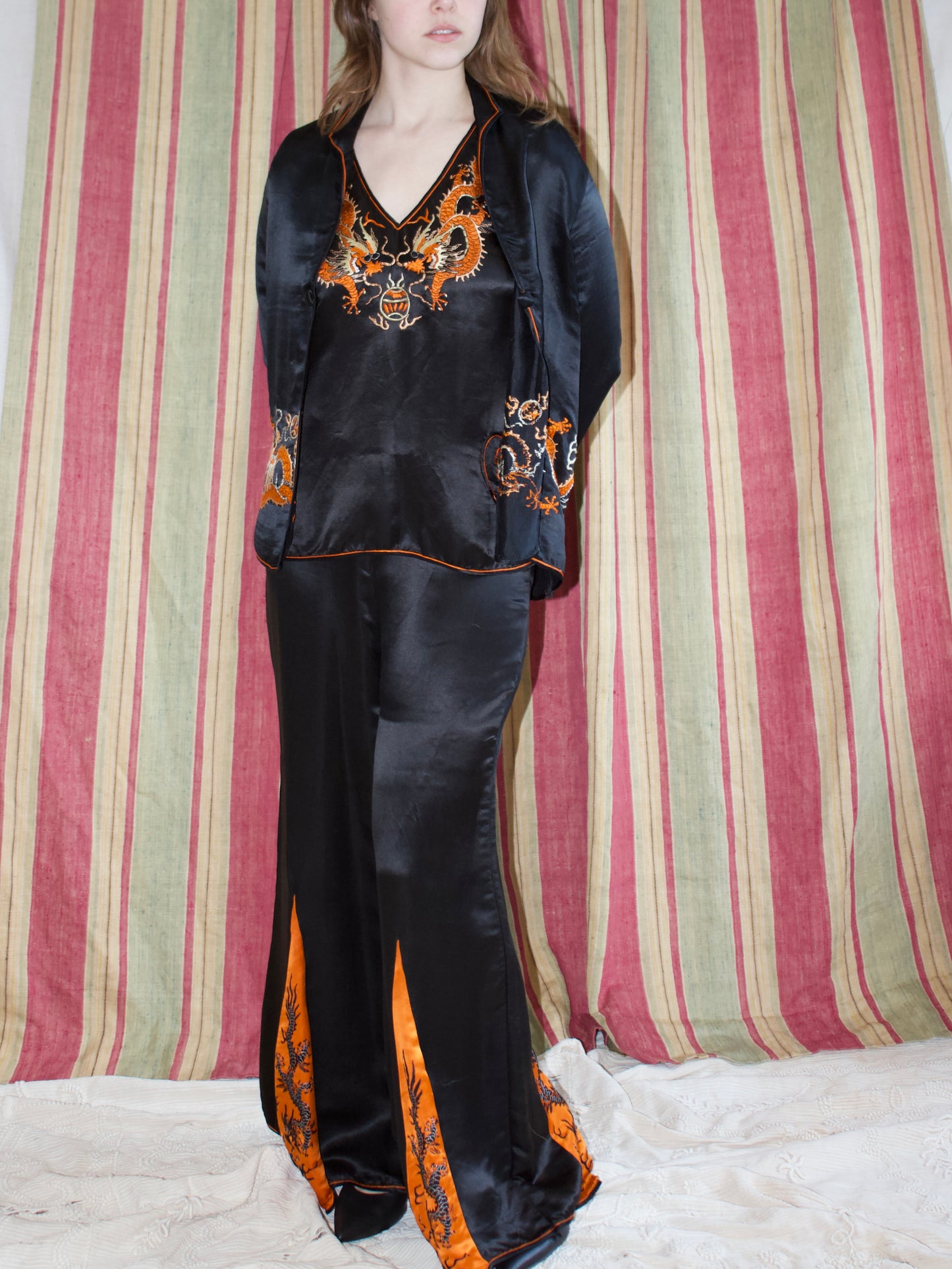 Antique 1920s Silk Wide Leg Chinese Dragon Embroidered 3 PC Lounging Pajamas