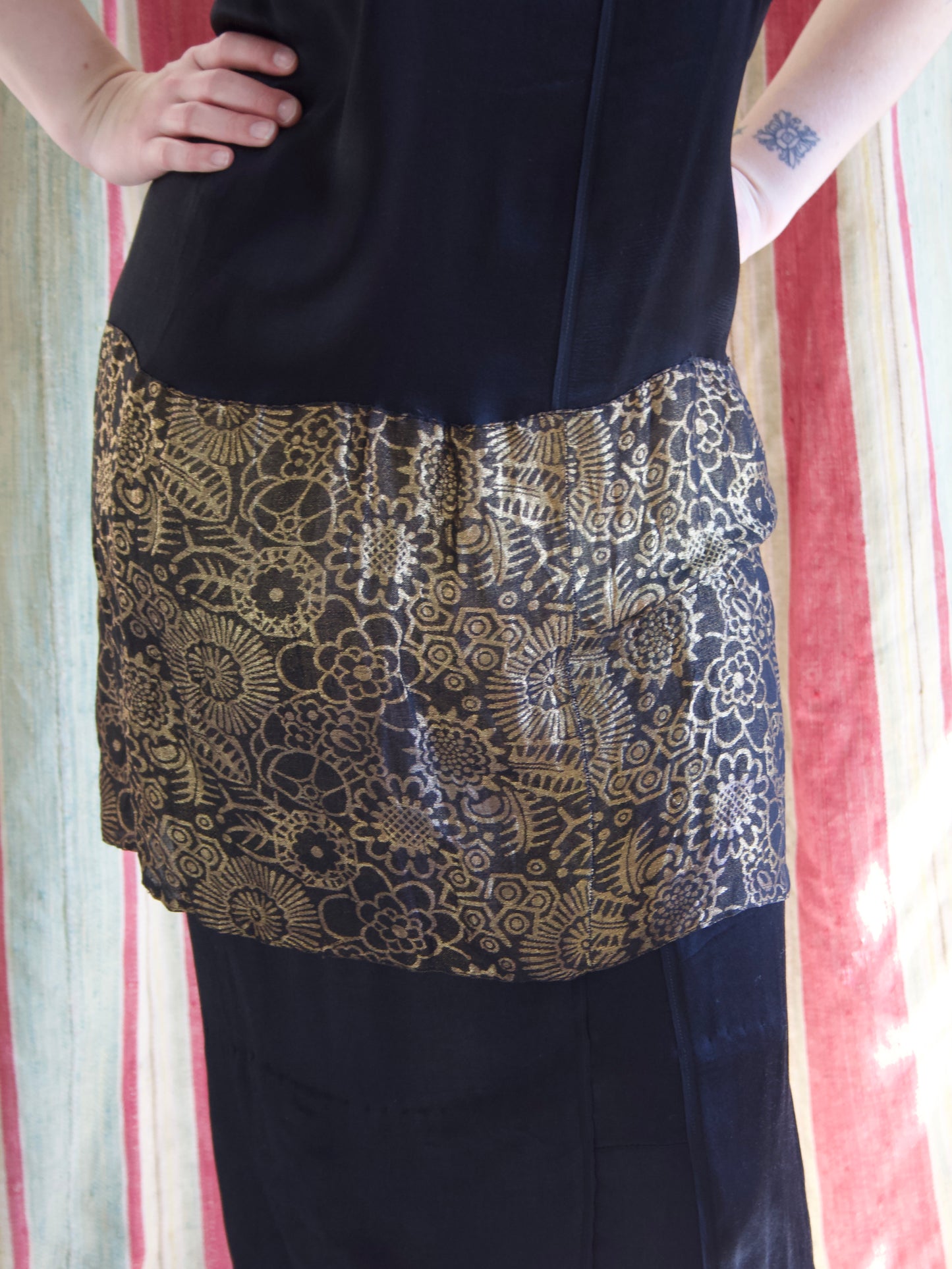 Antique 1920s Art Nouveau Lamé Silk Charmeuse Drop Waist Dress