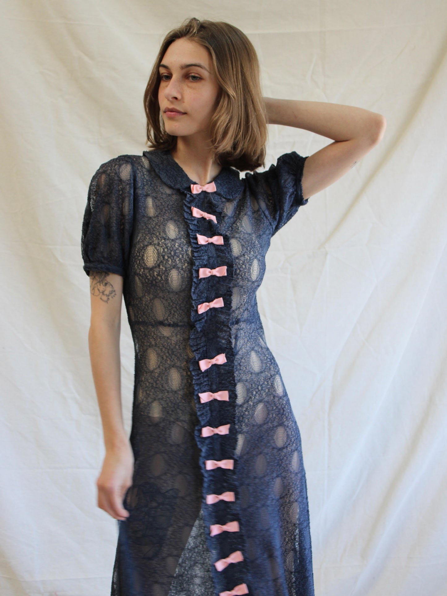 1930s Navy Blue Embroidered Net Puff Sleeve Bow Trimmed Dress