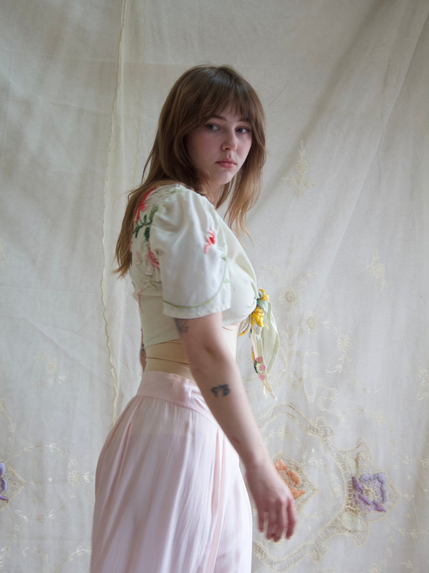 1940s Remade Piano Shawl Tie front Puff Sleeve Seafoam Blouse