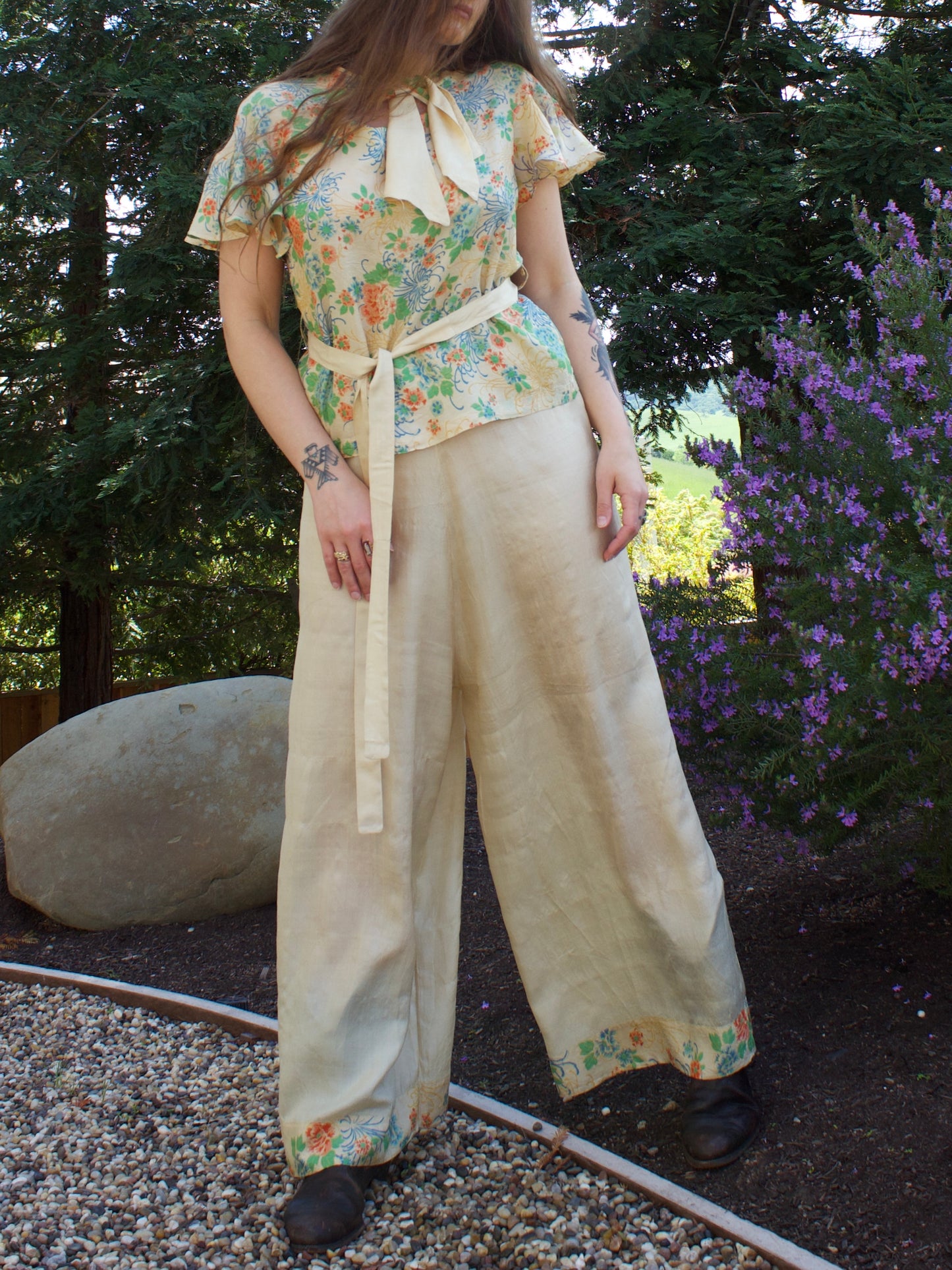 Antique 1920s Pongee Silk Flutter Sleeve 2 Piece Palazzo Pant Set