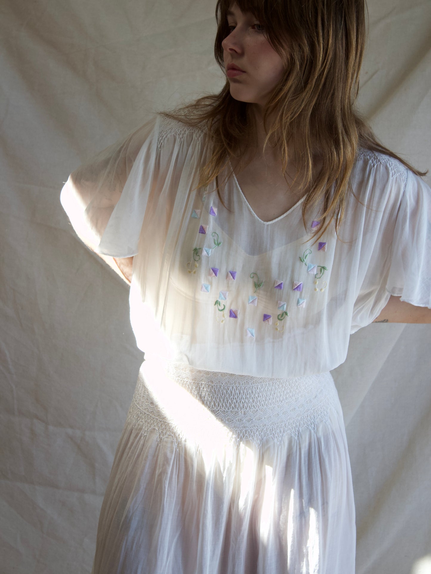 Antique 1920s Smocked Folk Flutter Sleeve Peasant Dress