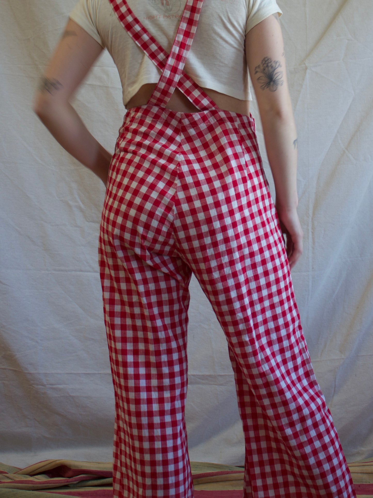 1930s Gingham Cotton Bib Front Side Button Overalls