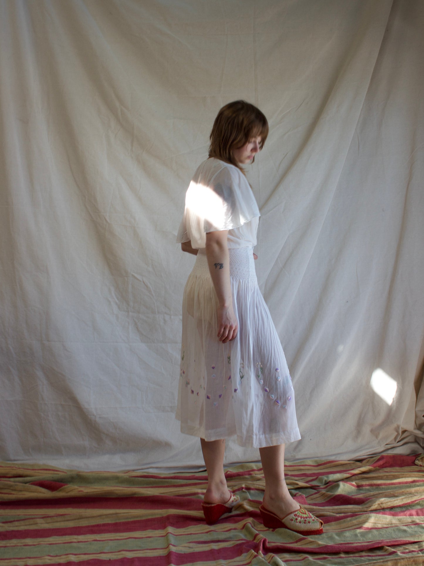 Antique 1920s Smocked Folk Flutter Sleeve Peasant Dress