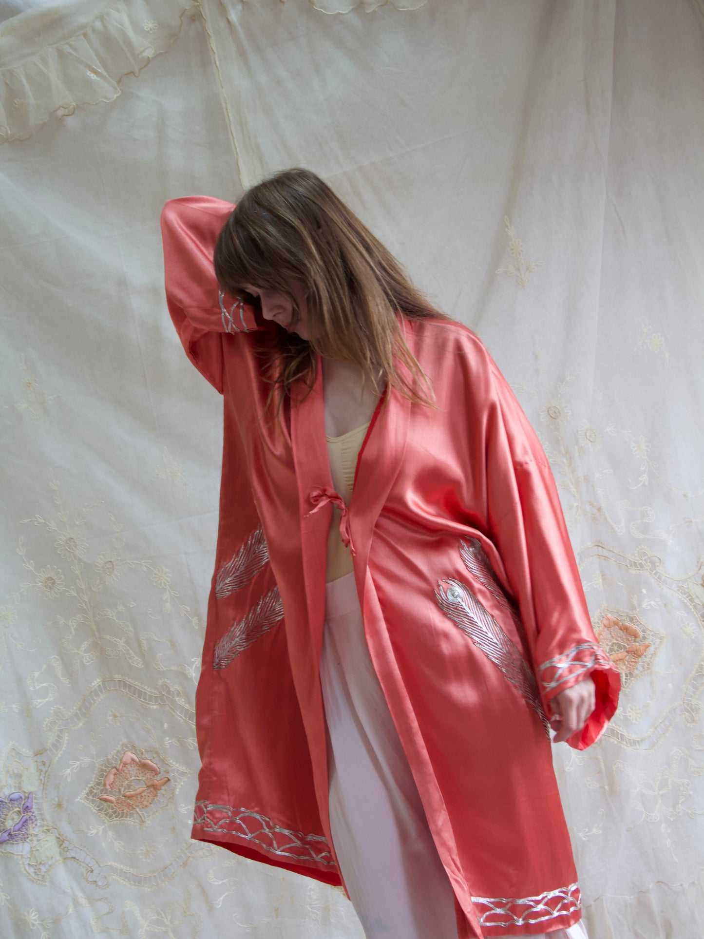 Rare 1940s Salmon Pink Gold Bullion Embroidered Peacock Robe