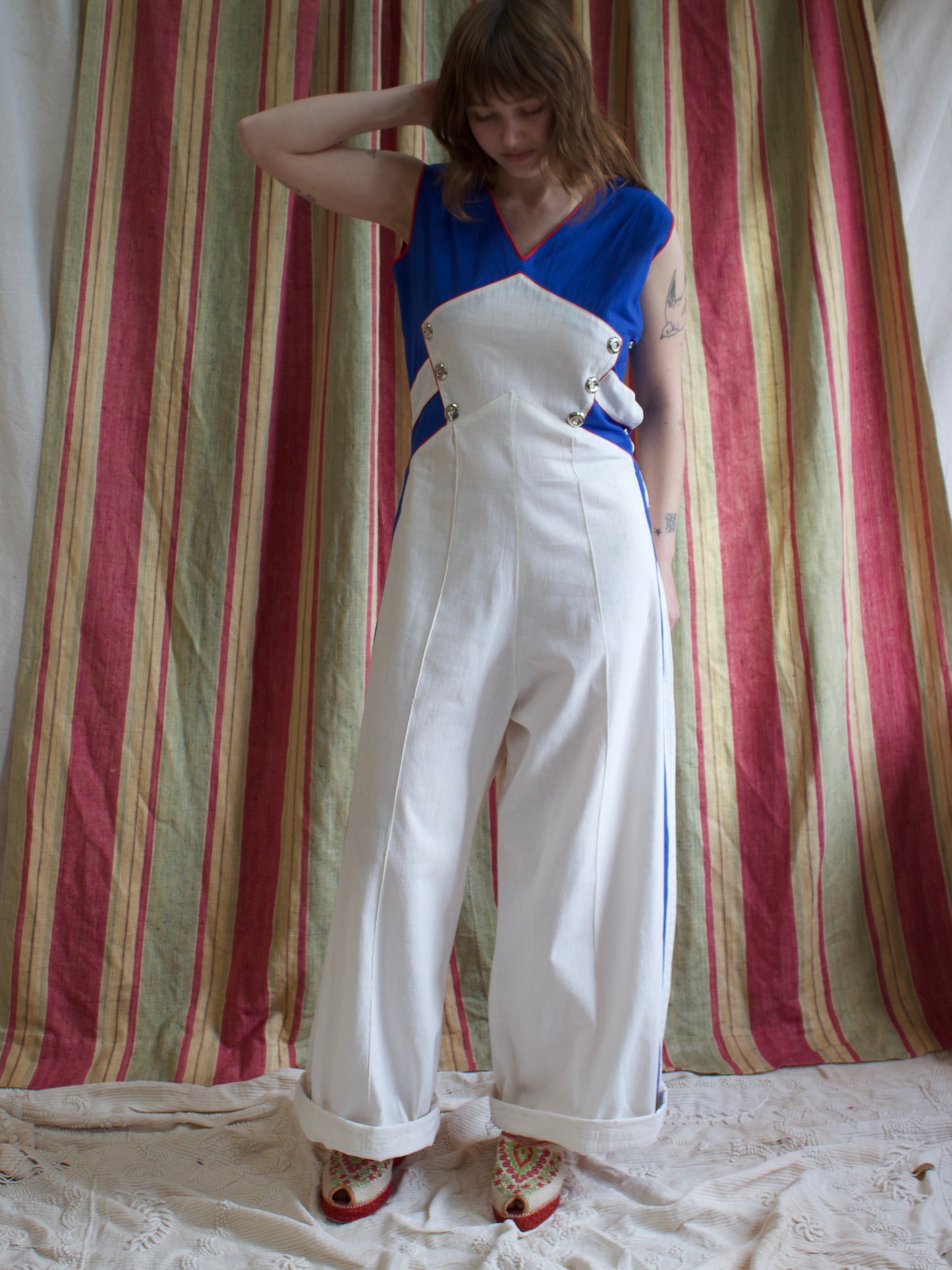 Rare 1930s Tri-Tone Cotton Side Button Beach Pajamas / Overalls w* Side Cinch