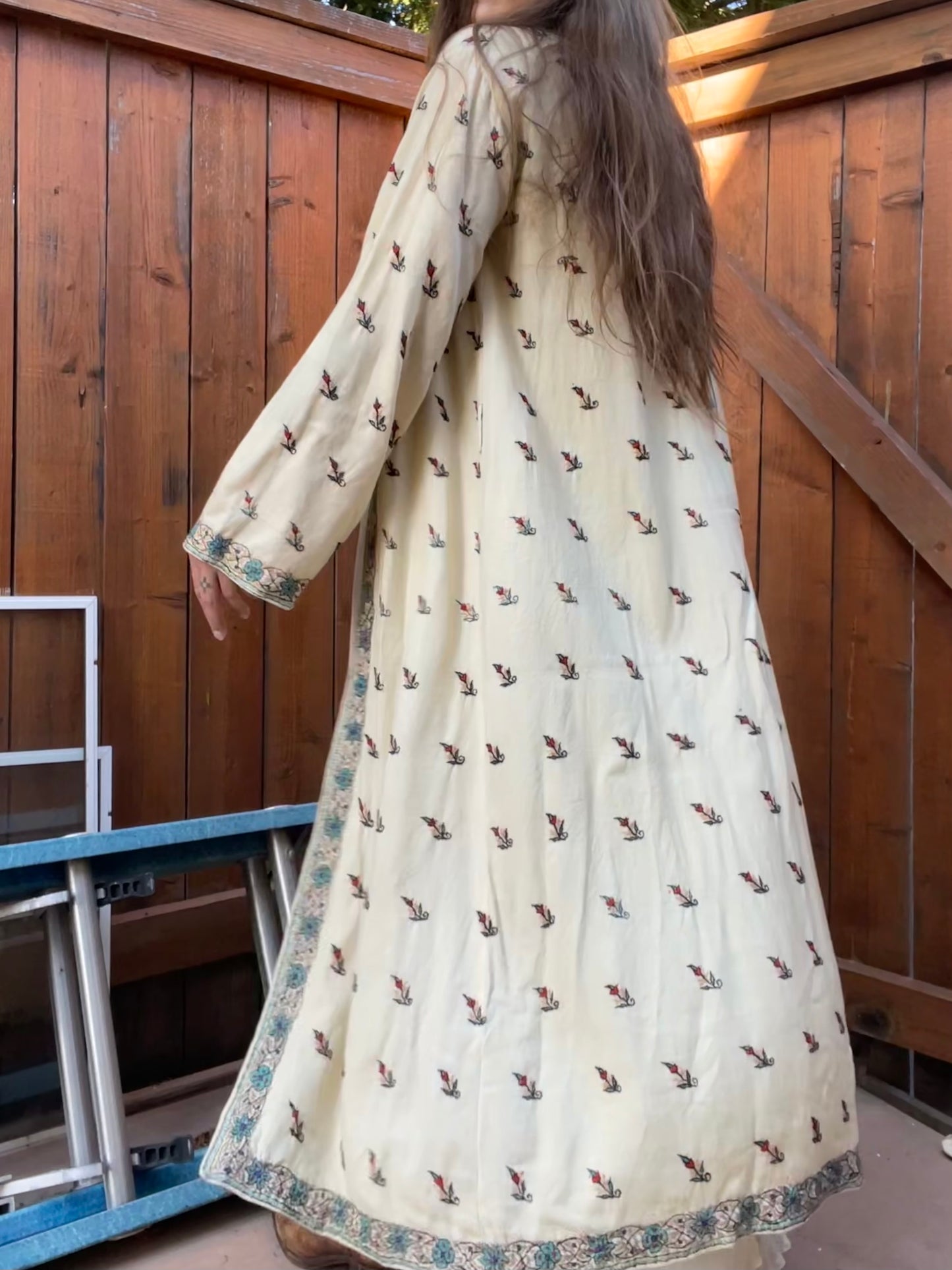 1930s Kashmiri Embroidered Floor Length Bell Sleeve Robe